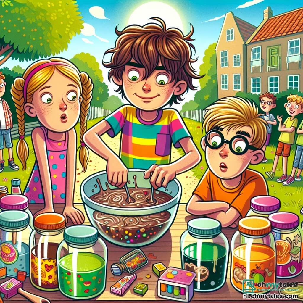 Une illustration sous forme de dessin destinée aux enfants représentant un parc ensoleillé de Kleurigdorp, avec un garçon de 11 ans aux cheveux bruns en bataille, portant un t-shirt coloré et un short, en train de mélanger des ingrédients étranges dans un grand bol, tandis que ses amis, une fille aux cheveux blonds en tresse et un garçon aux lunettes, l'observent avec curiosité et amusement, tous entourés de pots de nourriture excentriques, illustrant le défi amusant de créer la combinaison de saveurs la plus bizarre.