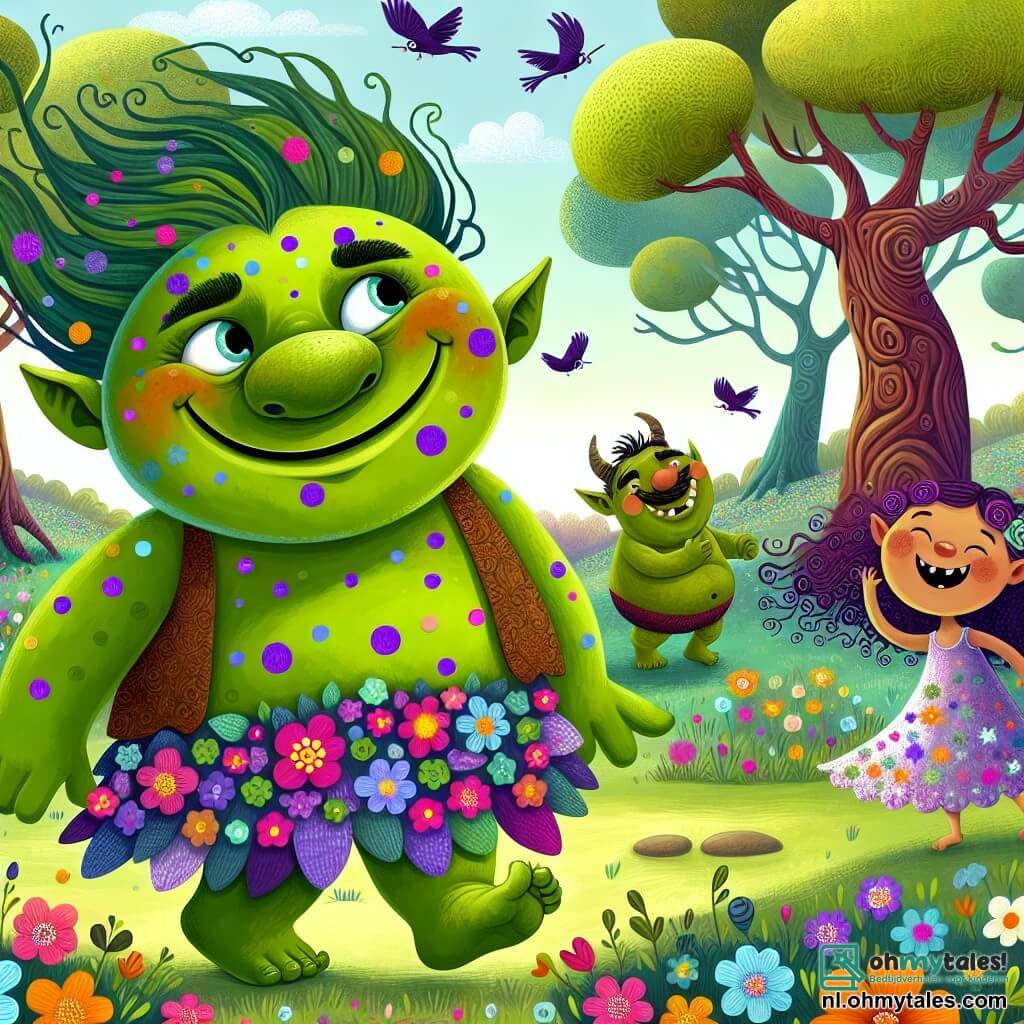 Une illustration destinée aux enfants représentant un jeune ogre garçon à la peau verte parsemée de taches violettes, avec un grand sourire espiègle et des yeux pétillants de malice, se tenant au milieu d'un champ coloré de fleurs dansantes et de grands arbres aux troncs noueux, où les oiseaux chantent des mélodies joyeuses, tandis qu'il tente de capturer sa propre ombre espiègle, entouré de ses amis ogres, dont une ogre fille aux cheveux bouclés et à la robe faite de pétales de fleurs, qui rit aux éclats, et un ogre garçon à la moustache en forme de croissant, tous deux prêts à l'aider dans cette quête hilarante et pleine de rebondissements.