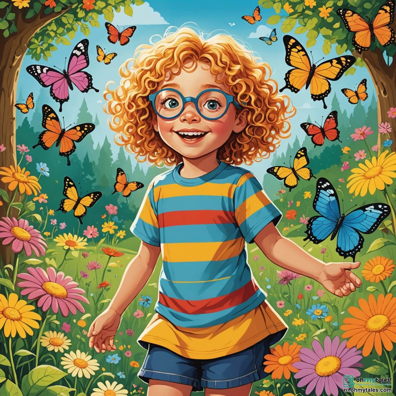 Une illustration destinée aux enfants représentant une petite fille aux cheveux bouclés et dorés, pleine de malice et de joie, qui se trouve dans un jardin enchanté rempli de fleurs colorées dans tous les coins, où elle s'apprête à organiser une grande fête avec ses amis, un garçon espiègle aux lunettes rondes et un autre garçon au sourire contagieux, tous deux vêtus de t-shirts à rayures, tandis que des papillons dansent autour d'eux et que des rayons de soleil percent à travers les branches d'un grand chêne majestueux, créant une atmosphère magique et pleine de rires.