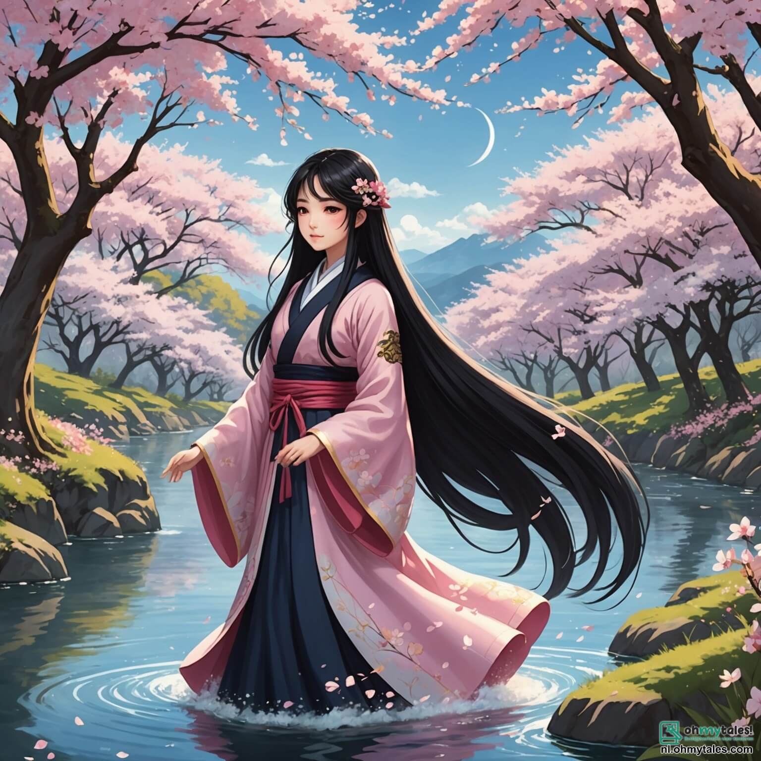 Une illustration destinée aux enfants représentant une femme au cœur vaillant, aux longs cheveux noirs flottant comme des ombres dans le vent, se tenant au bord d'une rivière scintillante entourée de cerisiers en fleurs, leurs pétales roses dansant dans l'air doux du printemps, alors qu'elle se prépare à entreprendre un voyage magique vers le Rêve des Étoiles, accompagnée d'un tanuki espiègle à la fourrure chatoyante et aux yeux malicieux, ainsi que d'une petite grenouille verte au sourire malicieux, tous deux prêts à l'aider à surmonter ses peurs et à découvrir la force de ses rêves dans ce paysage enchanteur où les montagnes se dressent majestueusement en arrière-plan, baignées par la lumière dorée du soleil couchant.