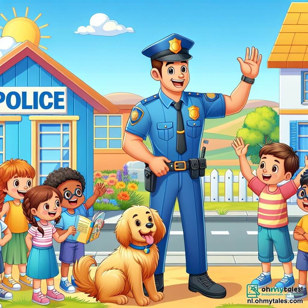 Une illustration sous forme de dessin destinée aux enfants représentant un petit bureau de police coloré dans un village ensoleillé, avec un homme costaud portant un uniforme bleu et une grande sourire, expliquant avec enthousiasme son travail aux enfants, dont une fille aux cheveux tressés qui l'écoute attentivement et un garçon aux lunettes qui lève la main pour poser une question, tandis qu'un chien joyeux aux poils dorés se tient à leurs pieds, créant une atmosphère amicale et éducative.