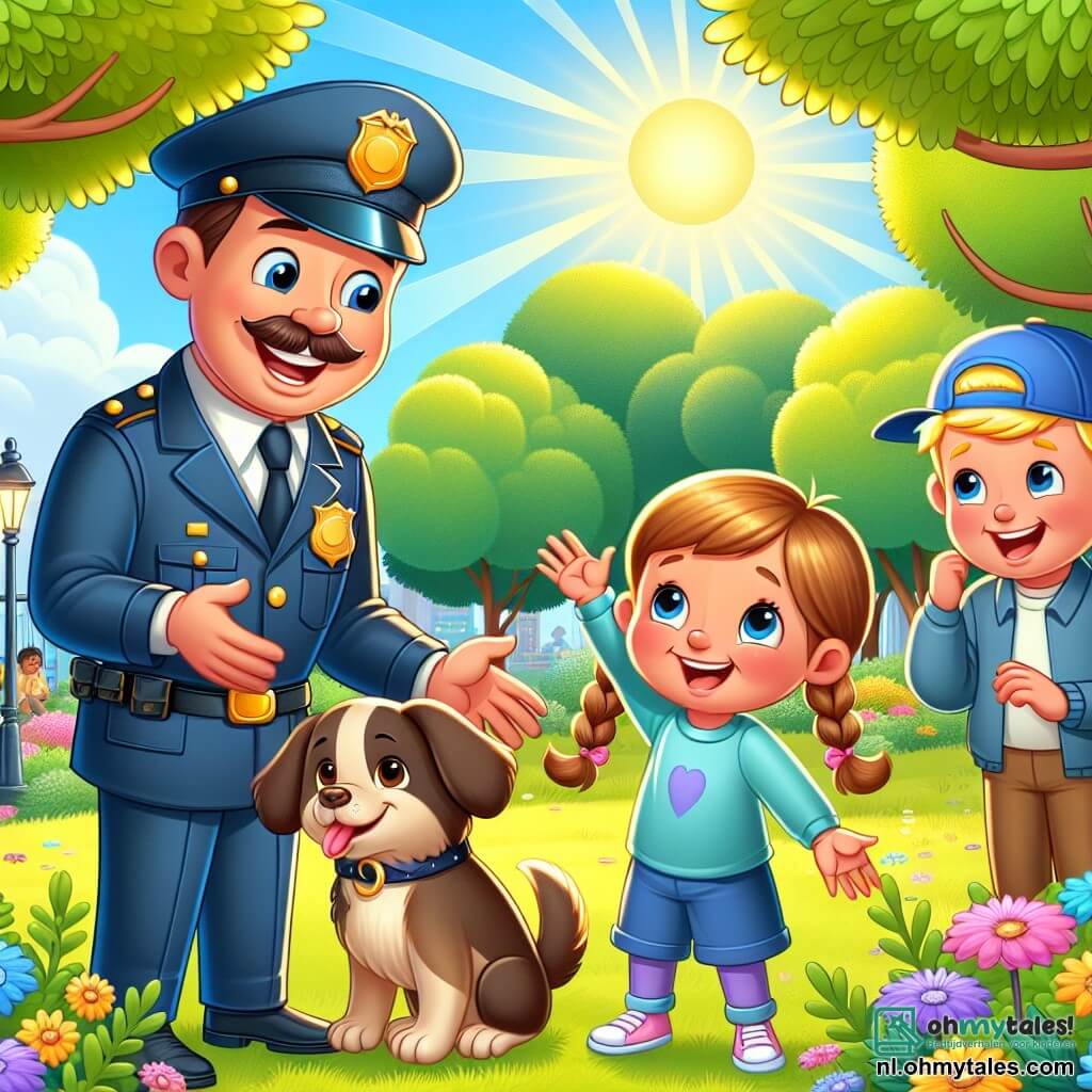 Une illustration sous forme de dessin destinée aux enfants représentant un parc ensoleillé avec des arbres verdoyants et des fleurs colorées, où un homme policier souriant avec une grande moustache et un uniforme bleu aide une petite fille aux cheveux bruns en tresse, qui tient un petit chien aux grandes oreilles, tandis qu'un garçon aux cheveux blonds et à la casquette observe avec enthousiasme, tous réunis autour d'une scène joyeuse où le chien a été retrouvé après s'être perdu, illustrant l'esprit d'entraide et d'aventure.