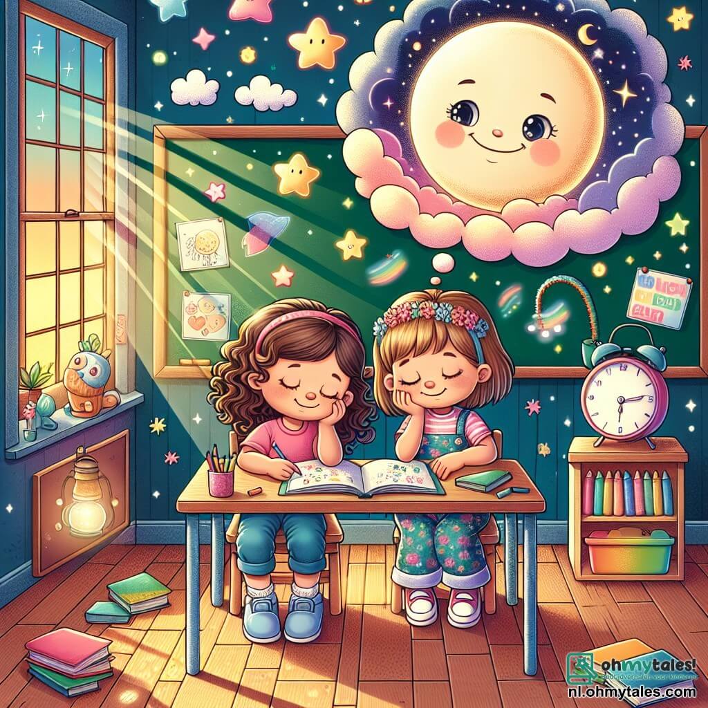 Illustratie van een warme klaslokaal, met kleurrijke muren versierd met kindertekeningen en een groot schoolbord. Het zonlicht valt door een raam en creëert lichte patronen op de houten vloer. Twee jonge meisjes, één van ongeveer 7 jaar met bruin, krullend haar, gekleed in een roze t-shirt en een blauwe short, en de ander van ongeveer 6 jaar met steil, blond haar in een bloemenjurk, zitten aan een bureau. Ze houden elkaars hand vast, met gesloten ogen en serene glimlachen op hun gezichten, terwijl ze samen een droommoment delen. De hoofdscène toont de twee vriendinnen die dromen van een grote, zachte, glimlachende maan en fonkelende sterren die om hen heen drijven in een rustgevende nachtelijke lucht. Een klein lampionnetje op het bureau verspreidt een zacht licht en voegt een troostende sfeer toe aan de illustratie. Kleurrijke boeken liggen verspreid om hen heen, en een stervormige knuffel houdt toezicht op hen, wat symbool staat voor veiligheid en vriendschap.