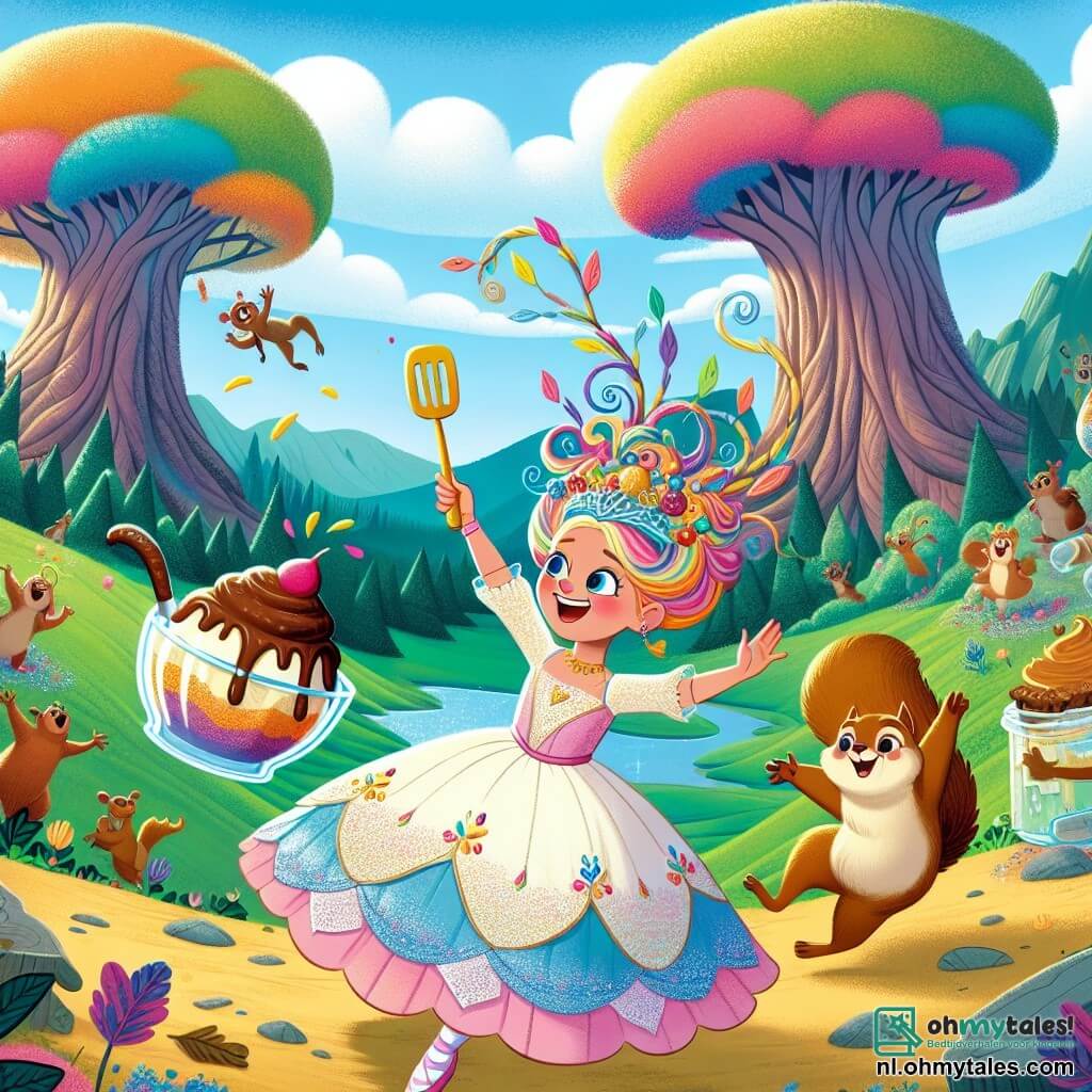 Une illustration sous forme de dessin destinée aux enfants représentant un magnifique paysage enchanteur du royaume de Glimburg, avec des arbres gigantesques aux feuilles multicolores et un ciel bleu éclatant, où une princesse aux cheveux en forme de pudding coloré, vêtue d'une robe scintillante, danse joyeusement en tenant une spatule dorée, entourée de son ami, un eekhoorn espiègle à la fourrure brune, qui saute autour d'elle en riant, alors qu'ils préparent ensemble une délicieuse pudding pour la grande Puddingstrijd, avec des éclats de rire et des ingrédients magiques flottant autour d'eux.