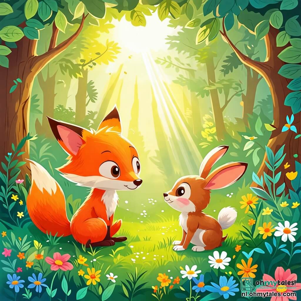 Une illustration sous forme de dessin destinée aux enfants représentant une clairière ensoleillée dans une forêt verdoyante, où un renard à la fourrure orange éclatante et aux yeux malicieux cherche son ami, un petit lièvre aux grandes oreilles et au pelage doux, qui se cache joyeusement sous un grand feuillage vert, tandis que des fleurs colorées et des rayons de soleil filtrent à travers les arbres, capturant l'esprit ludique de leur jeu de cache-cache.