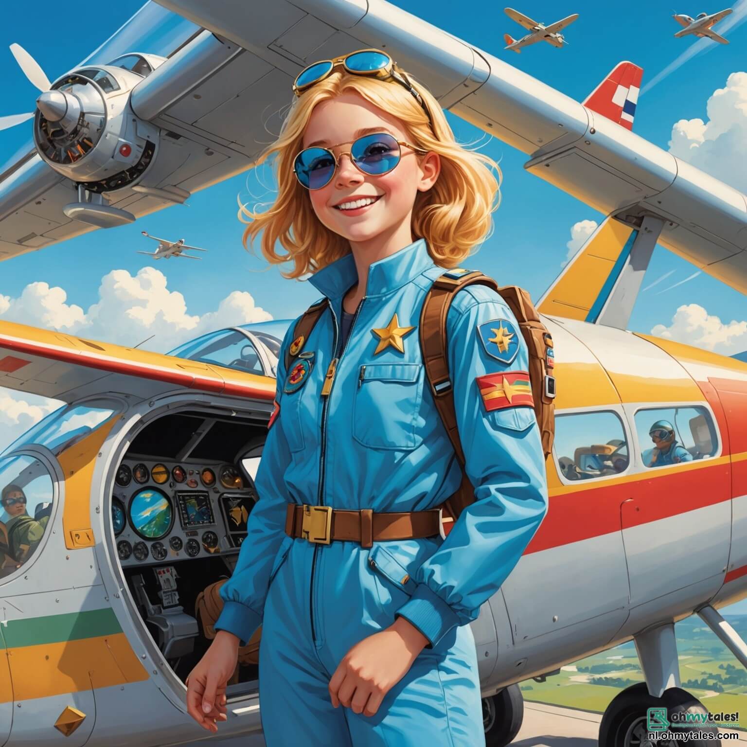 Une illustration destinée aux enfants représentant une jeune fille aux cheveux dorés, rayonnante d'enthousiasme, vêtue d'une combinaison de pilote bleu ciel ornée de badges colorés, se tenant fièrement dans la cockpit d'un petit avion blanc aux ailes brillantes, tandis qu'à ses côtés, une femme pilote expérimentée aux lunettes de soleil et au sourire chaleureux lui donne des conseils, le tout se déroulant dans un petit village pittoresque entouré de collines verdoyantes, où les maisons aux toits en tuiles rouges et aux jardins fleuris s'étendent à perte de vue sous un ciel azur parsemé de nuages cotonneux, évoquant l'aventure et la magie du vol.