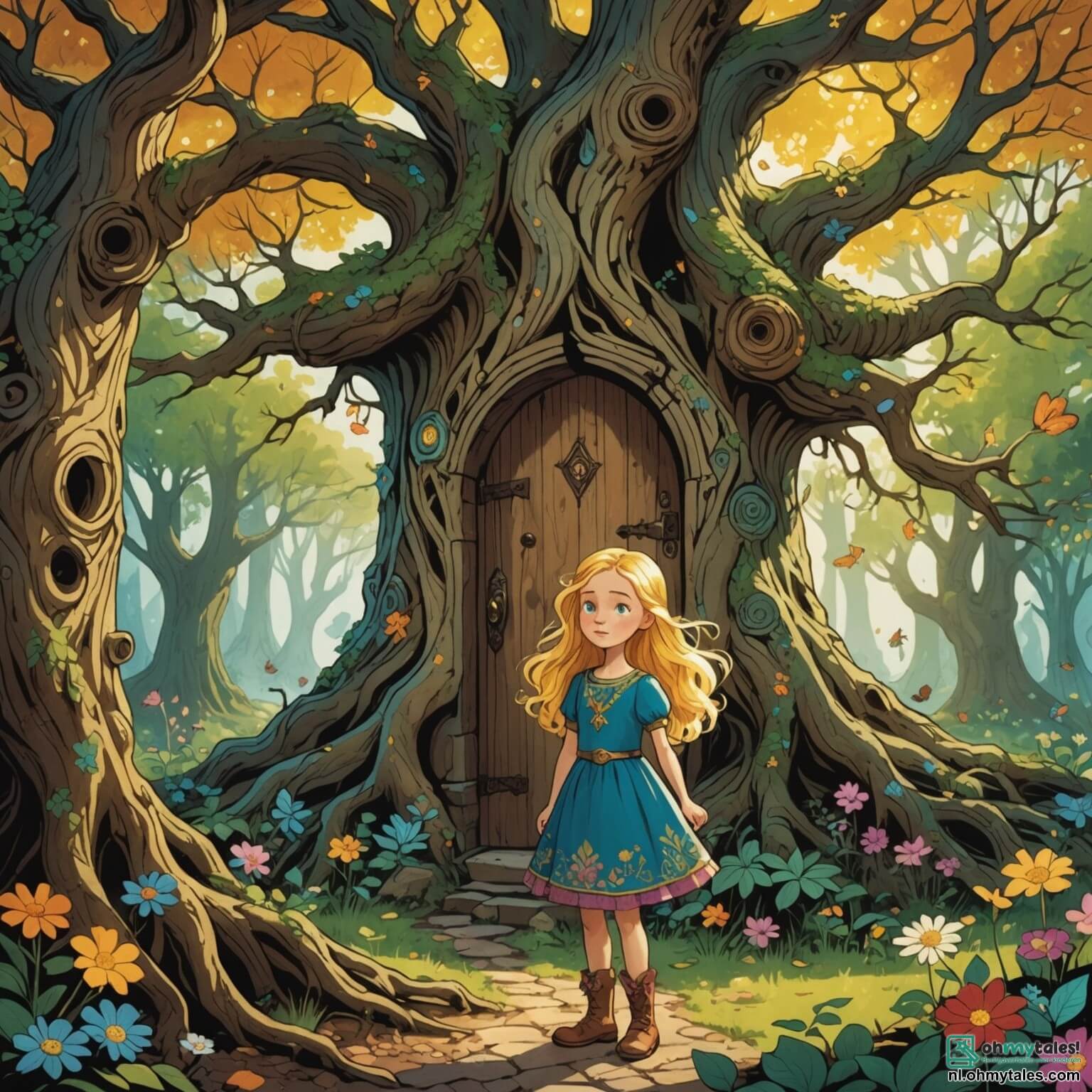 Une illustration destinée aux enfants représentant une jeune fille aux cheveux dorés et aux yeux pétillants, vêtue d'une robe colorée ornée de motifs de fleurs enchantées, se tenant courageusement devant une immense et ancienne arbre aux racines tortueuses et à l'écorce rugueuse, dont une petite porte secrète s'ouvre sur un monde magique, alors qu'elle se prépare à affronter des épreuves pour maîtriser la sorcellerie, entourée de créatures fantastiques comme un sage gnome à la barbe argentée et une espiègle fée aux ailes scintillantes, le tout se déroulant dans une forêt mystérieuse où les rayons du soleil filtrent à travers le feuillage dense, illuminant des fleurs luminescentes et des champignons colorés qui dansent au rythme du vent.