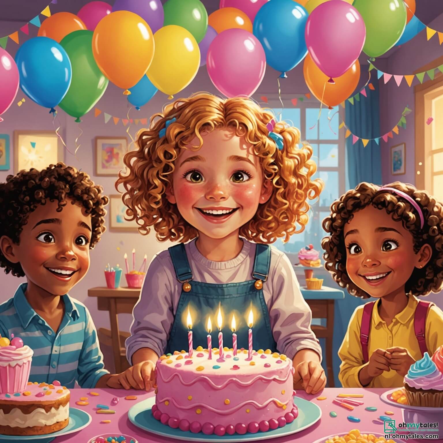Une illustration destinée aux enfants représentant une petite fille aux cheveux bouclés et dorés, illuminée par un grand sourire, entourée de ballons multicolores flottant dans une pièce décorée de guirlandes scintillantes et d'une table chargée de douceurs, où se tient une magnifique gâteau rose avec trois bougies allumées, tandis que ses amis, un garçon plein d'énergie aux yeux pétillants et une fille joyeuse aux tresses, s'apprêtent à chanter et à célébrer ensemble son anniversaire dans une ambiance festive et chaleureuse, remplie de rires et de bonheur.