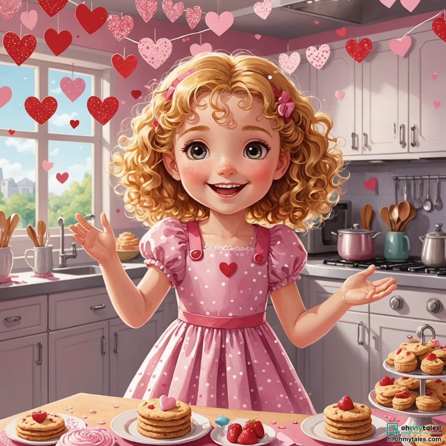 Une illustration destinée aux enfants représentant une petite fille aux cheveux bouclés et dorés, rayonnante de joie dans sa jolie robe rose parsemée de paillettes scintillantes, se préparant avec enthousiasme à organiser un merveilleux anniversaire de la Saint-Valentin dans une cuisine lumineuse et colorée, où les murs sont décorés de guirlandes de cœurs en papier et où l'odeur délicieuse de biscuits fraîchement cuits flotte dans l'air, entourée de ses amis, un garçon espiègle au sourire malicieux et une fille pétillante aux yeux brillants, tous deux impatients de participer à des jeux et à la confection de douceurs, tandis que la lumière du soleil filtre à travers les fenêtres ornées de rideaux à motifs floraux, créant une atmosphère chaleureuse et pleine d'amour.