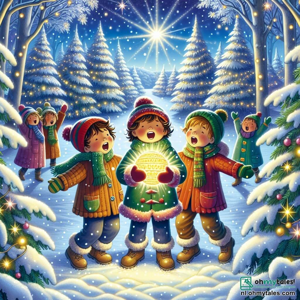 Illustratie die een magische scène in een besneeuwde bos toont. De bomen zijn majestueus, bedekt met een dikke laag glinsterende sneeuw, en sneeuwvlokken vallen zachtjes uit de lichtblauwe lucht. In het midden dansen drie jongens van ongeveer 8 jaar, met kastanjebruin, krullend haar, vrolijk in de sneeuw. Een van hen draagt een rode muts en een groene sjaal, terwijl de andere twee gekleurde jassen aan hebben. Ze houden een grote gouden bal vast die fel straalt en lichtflitsen om hen heen projecteert. Hun gezichten stralen verwondering en vreugde uit terwijl ze kerstliederen zingen. Op de achtergrond beginnen glinsterende sterren aan de lucht te verschijnen, wat een vleugje magie aan deze feestelijke scène toevoegt.