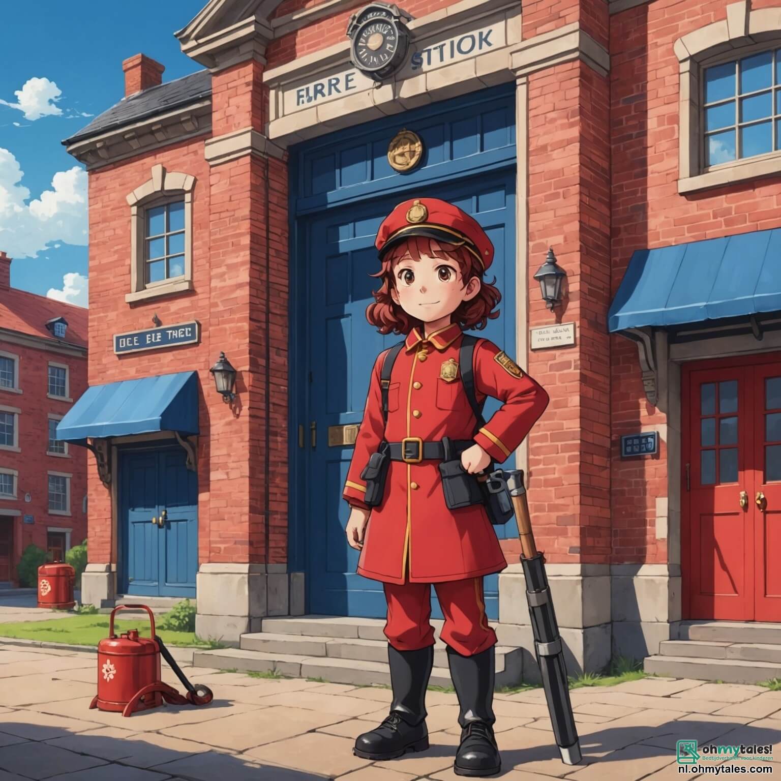 Une illustration destinée aux enfants représentant un homme courageux en uniforme rouge éclatant, avec une grande casquette et une ceinture remplie d'outils brillants, se tenant fièrement devant une majestueuse caserne de pompiers aux murs de briques rouges, ornée de grandes portes en bois et d'une grande échelle qui s'élève vers le ciel bleu, tandis qu'une fille aux cheveux bouclés et une autre fille avec un grand nœud rose, émerveillées, l'observent avec des yeux pétillants de curiosité, alors qu'il se prépare à répondre à l'appel urgent d'un feu dans une petite grange en bois, entourée de champs verdoyants et de fleurs colorées, où les enfants, impatients, rêvent de devenir des héros comme lui.