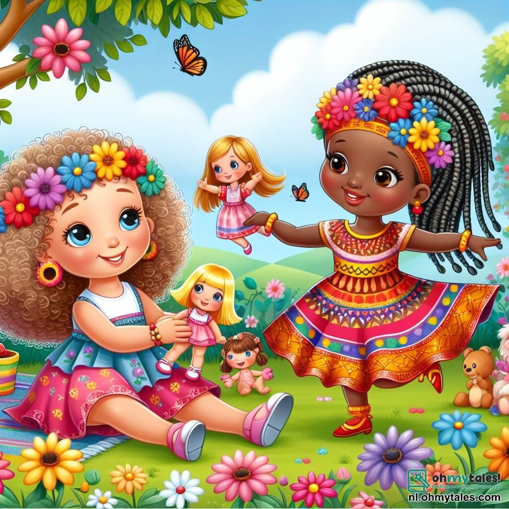 Une illustration sous forme de dessin destinée aux enfants représentant une charmante jardin coloré, avec une petite fille de 3 ans aux cheveux bouclés et à la peau claire, souriante et jouant avec des poupées, tandis qu'à ses côtés se trouve une petite fille de 4 ans à la peau foncée et aux cheveux tressés, vêtue d'une robe traditionnelle colorée, qui danse joyeusement, illustrant ainsi l'amitié et la tolérance entre deux cultures différentes, avec des fleurs éclatantes et un ciel bleu en arrière-plan.