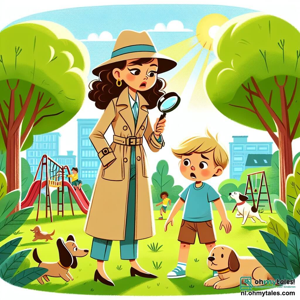 Une illustration sous forme de dessin destinée aux enfants représentant un parc ensoleillé avec des arbres verdoyants et une grande aire de jeux, où une femme détective aux cheveux bruns et bouclés, portant un trench-coat beige et tenant une loupe, observe attentivement le sol, tandis qu'un jeune garçon aux cheveux blonds, vêtu d'un t-shirt bleu et de shorts, regarde autour de lui avec une expression inquiète, cherchant son petit chien perdu, entourés de rires d'enfants et de chiens jouant, capturant l'esprit d'aventure et de camaraderie dans leur quête pour retrouver l'animal disparu.
