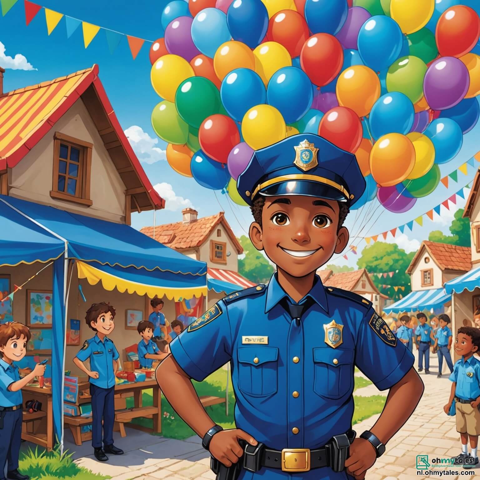 Une illustration destinée aux enfants représentant un policier au sourire chaleureux, vêtu de son uniforme bleu éclatant, avec une ceinture remplie d'outils brillants, se tenant fièrement devant une grande tente colorée ornée de ballons multicolores dans le charmant petit village de Dorpia, où il organise une journée spéciale pour enseigner aux enfants, dont une fille aux cheveux bouclés et un garçon à la casquette vissée sur la tête, les valeurs du respect et de la sécurité tout en les entraînant à résoudre des énigmes et à découvrir les merveilles de son métier, le tout sous un ciel ensoleillé et des arbres verdoyants qui dansent doucement au gré du vent.