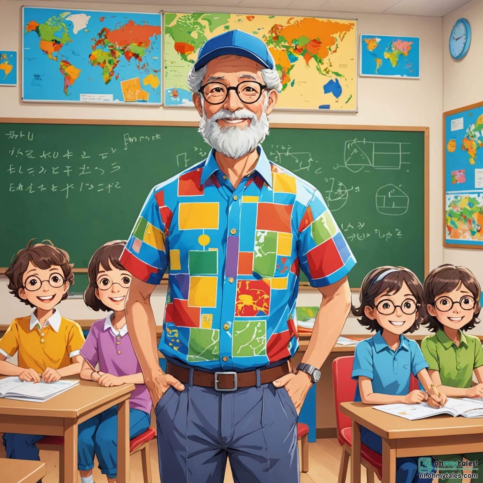 Une illustration destinée aux enfants représentant un instituteur au sourire chaleureux et à la barbe grisonnante, vêtu d'une chemise colorée et d'un pantalon en toile, se tenant devant une classe lumineuse aux murs ornés de dessins d'enfants et de cartes du monde, où des élèves curieux, une fille aux cheveux bouclés et une casquette bleue, ainsi qu'un garçon aux lunettes rondes et à la frange soignée, s'apprêtent à découvrir les merveilles de l'apprentissage à travers un jeu éducatif captivant, le tout dans une salle de classe baignée de lumière naturelle, avec des fenêtres donnant sur un jardin fleuri et des étagères remplies de livres colorés, créant une atmosphère joyeuse et inspirante.