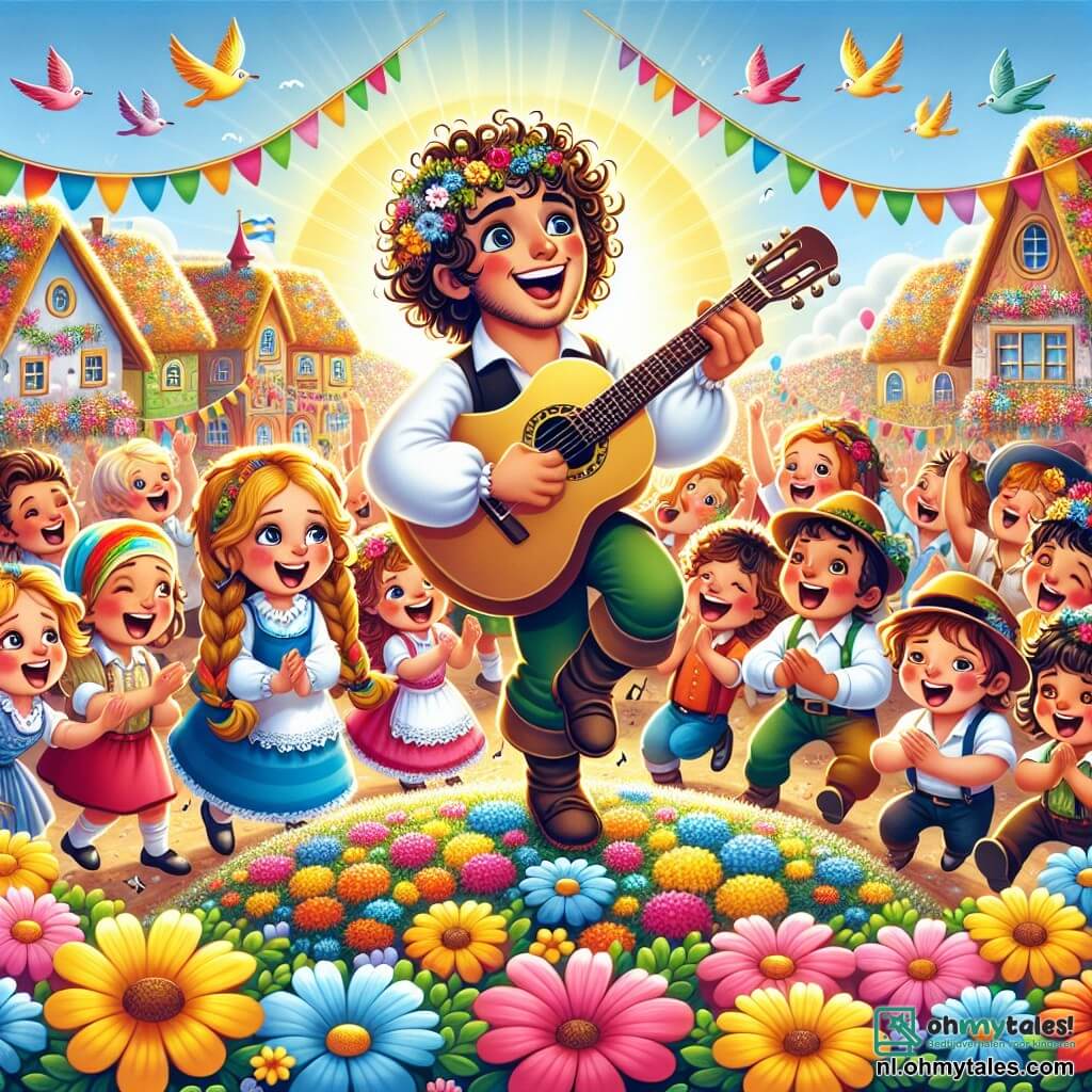Une illustration sous forme de dessin destinée aux enfants représentant un village coloré avec des fleurs éclatantes et des oiseaux chantants, où un homme souriant aux cheveux bouclés et à la guitare en bandoulière chante joyeusement au centre d'un cercle formé par des enfants, dont une fille aux tresses qui danse avec enthousiasme, un garçon aux lunettes qui applaudit et une autre fille aux cheveux frisés qui se prépare à chanter, tous réunis pour célébrer un grand festival de musique, entourés de ballons et de guirlandes colorées.