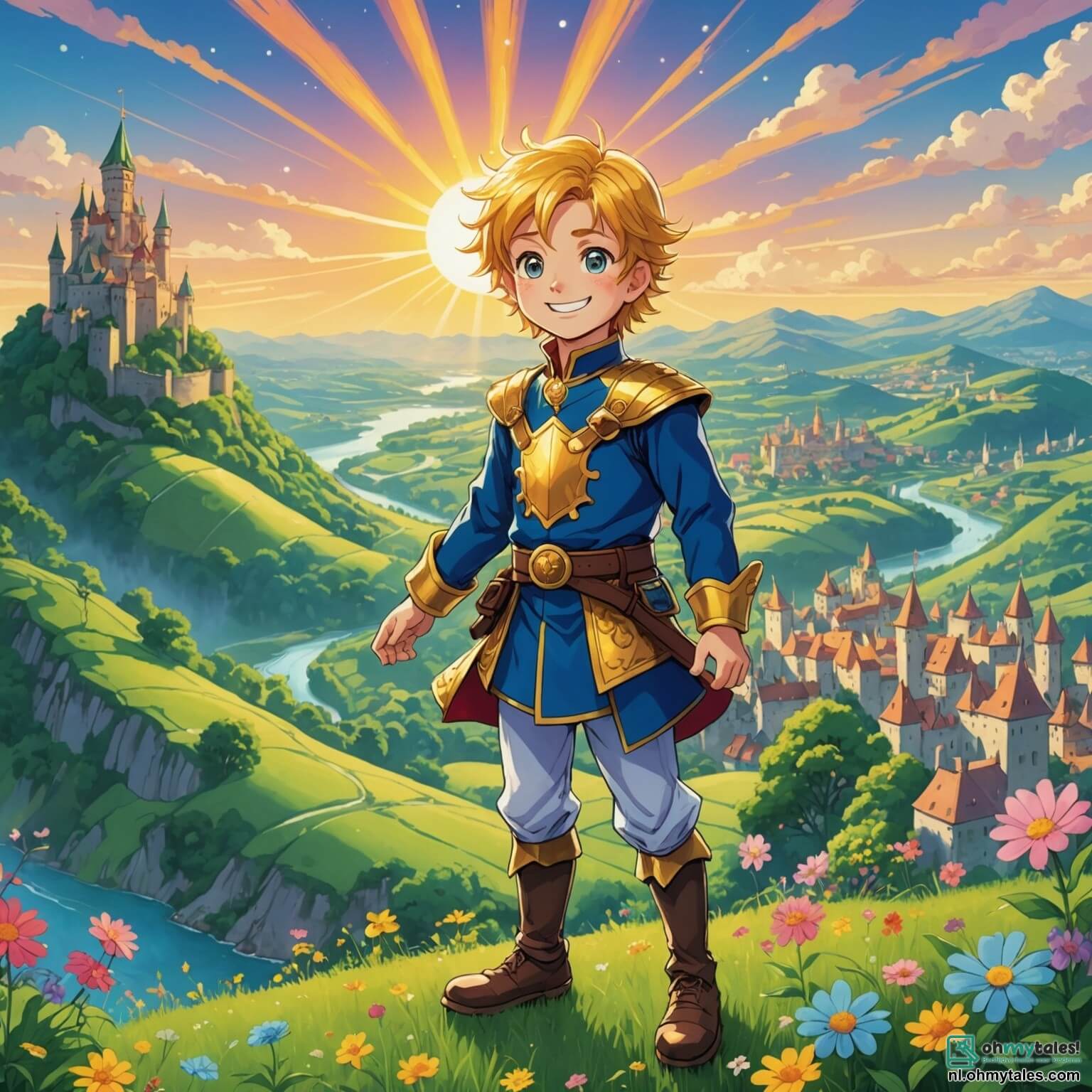 Une illustration destinée aux enfants représentant un prince espiègle aux cheveux dorés comme les rayons du soleil, avec un sourire malicieux illuminant son visage, se tenant au sommet d'une colline verdoyante surplombant un royaume enchanté où des châteaux scintillants aux tours élancées se mêlent à des forêts luxuriantes, des rivières étincelantes et des fleurs multicolores dansent au gré du vent, tandis qu'il se prépare à vivre une aventure hilarante pour retrouver un dragon farceur, accompagné de sa fidèle amie, une princesse courageuse aux cheveux bouclés et aux yeux pétillants de malice, qui adore faire des blagues, tous deux se lançant dans une quête pleine de rires et de surprises à travers les sentiers sinueux et les clairières enchantées de leur merveilleux royaume.