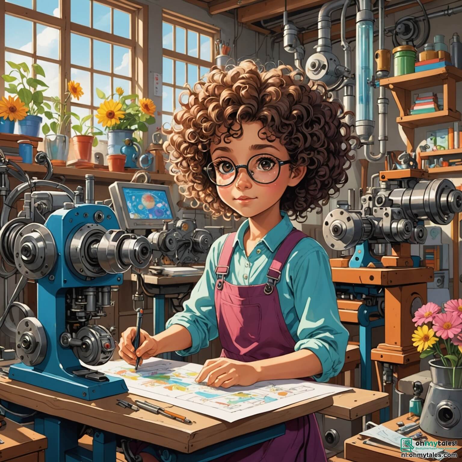 Une illustration destinée aux enfants représentant une femme aux cheveux bouclés et aux yeux pétillants, entourée de machines étranges et de plans colorés dans son atelier lumineux, où des rayons de soleil filtrent à travers des fenêtres ornées de rideaux à fleurs, tandis qu'elle s'affaire à créer une incroyable machine à trier les chaussettes, accompagnée de son jeune voisin curieux, un garçon aux lunettes rondes et aux joues roses, qui l'aide avec enthousiasme à donner vie à ses idées farfelues, le tout se déroulant dans un petit village pittoresque, où les maisons sont peintes de couleurs vives et les jardins regorgent de fleurs éclatantes et de chants d'oiseaux joyeux.