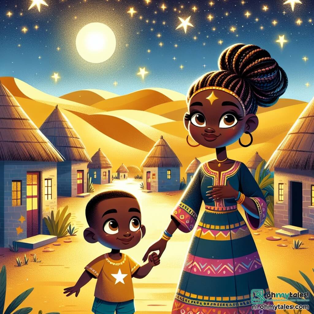 Une illustration sous forme de dessin destinée aux enfants représentant un village africain pittoresque entouré de hautes dunes de sable doré sous un ciel étoilé, avec une femme aux cheveux tressés et à la peau ébène, vêtue d'une robe colorée, qui se tient avec un regard déterminé, tenant la main de son fils, un petit garçon aux yeux brillants et au sourire éclatant, alors qu'ils découvrent une étoile scintillante tombée du ciel, symbolisant leur quête pour sauver la magie de leur village.