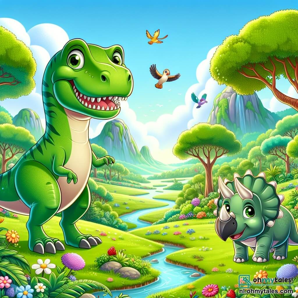 Illustratie van een uitgestrekte groene vallei, bezaaid met kleurrijke bloemen en grote bomen met weelderig loof. In het midden staat een imposante Tyrannosaurus Rex trots, zijn glanzende groene huid en scherpe tanden schitteren in de zon. Hij kijkt nieuwsgierig om zich heen, zijn kleine gespierde armen iets uit elkaar. Naast hem komt een blije Triceratops met drie hoorns op zijn voorhoofd en een groot rond hoofd glimlachend dichterbij, zijn ogen stralen van opwinding. Samen verkennen ze hun nieuwe omgeving, omringd door sappige bessen en een glinsterende rivier die door de vallei slingert. Op de achtergrond vliegen kleurrijke vogels in een heldere blauwe lucht, wat een vleugje leven toevoegt aan deze vredige en magische scène.