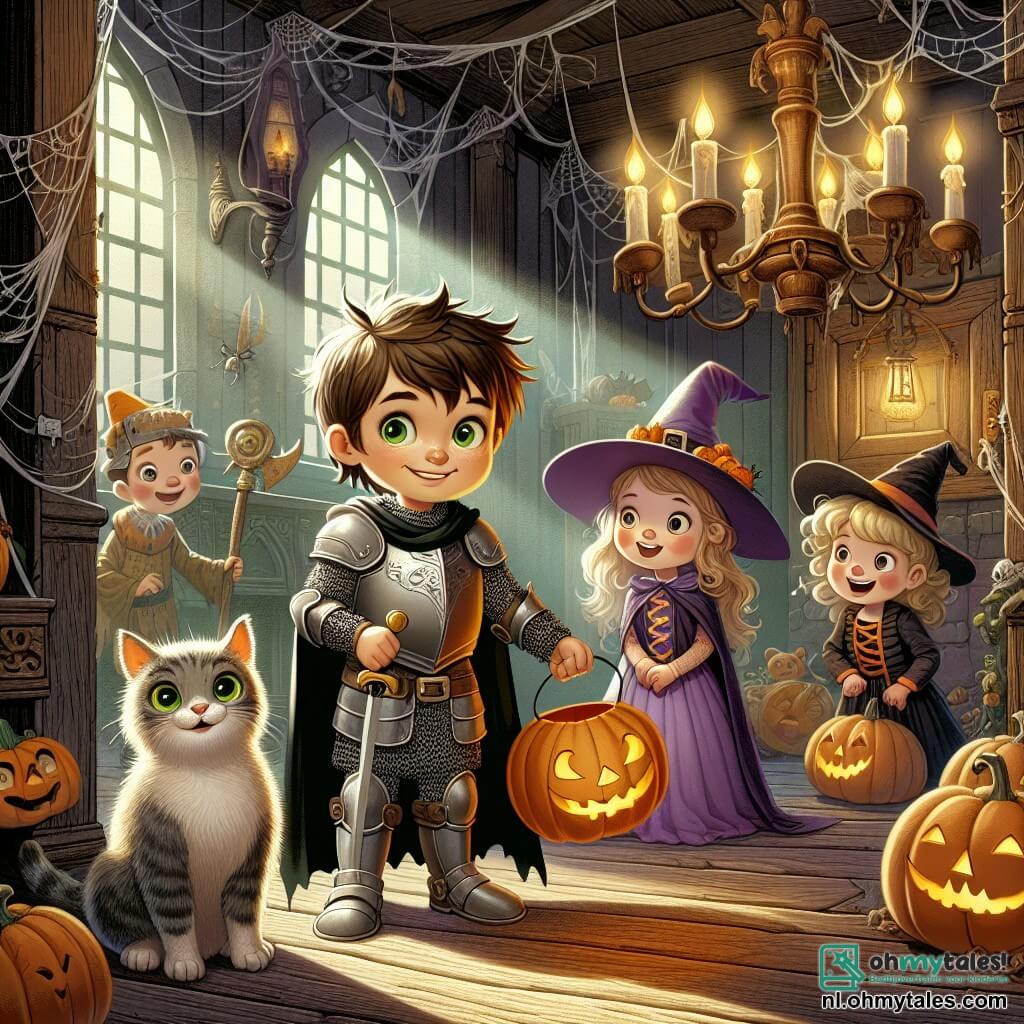 Illustratie van een Halloween-scène in een oud mysterieus huis. De kamer is donker, met versleten houten muren, spinnenwebben in de hoeken en een grote stoffige kroonluchter die de ruimte zwak verlicht. In het midden staat een 3-jarig jongetje met grote glanzende ogen en rommelig kastanjebruin haar, gekleed in een ridderkostuum met een kartonnen harnas en een plastic zwaard. Hij lacht dapper terwijl hij een pompoenlamp in zijn hand houdt. Naast hem staan twee vrienden: een 4-jarig meisje, verkleed als heks met een zwarte puntige hoed en een paarse jurk, die nieuwsgierig om zich heen kijkt, en een 5-jarig jongetje, verkleed als pompoen, die lacht terwijl hij een klein snoepdoosje vasthoudt. Ze zijn allemaal gefascineerd door een grote, zachte en vriendelijke witte kat die voor hen staat, met sprankelende groene ogen en een warme glimlach. De hoofdscene toont de kinderen die het spookhuis ontdekken, klaar om uitdagingen aan te gaan om een mysterieuze schat te vinden, omringd door een magische en licht angstaanjagende sfeer met Halloween-decoraties zoals papieren spoken en gesneden pompoenen.