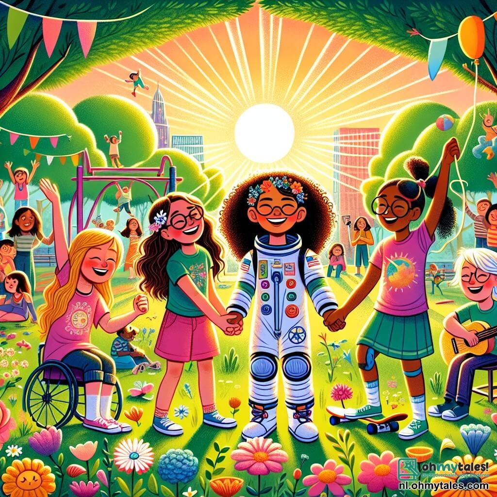 Illustratie van een zonnig park, vol kleurrijke bloemen en groene bomen, met een levendig speelgebied op de achtergrond. In het midden van de afbeelding staan vier negenjarige meisjes hand in hand, stralend van vreugde en energie. Een van hen, met krullend haar en een grote glimlach, draagt een astronautenpak en toont een raketmodel. Een ander meisje, met lang en steil haar, maakt een truc op haar skateboard, gekleed in een kleurrijk t-shirt en een short. De derde, met een bril en een paardenstaart, houdt proefbuizen vast en glimlacht, klaar om een wetenschappelijk experiment te doen. De laatste, zittend in een rolstoel, heeft een gitaar op haar schoot en zingt vrolijk, met sprankelende ogen van passie. Op de achtergrond kijken kinderen en ouders bewonderend toe, wat een sfeer van steun en aanmoediging creëert. Kleurrijke ballonnen zweven in de lucht, wat feest en gendergelijkheid symboliseert.