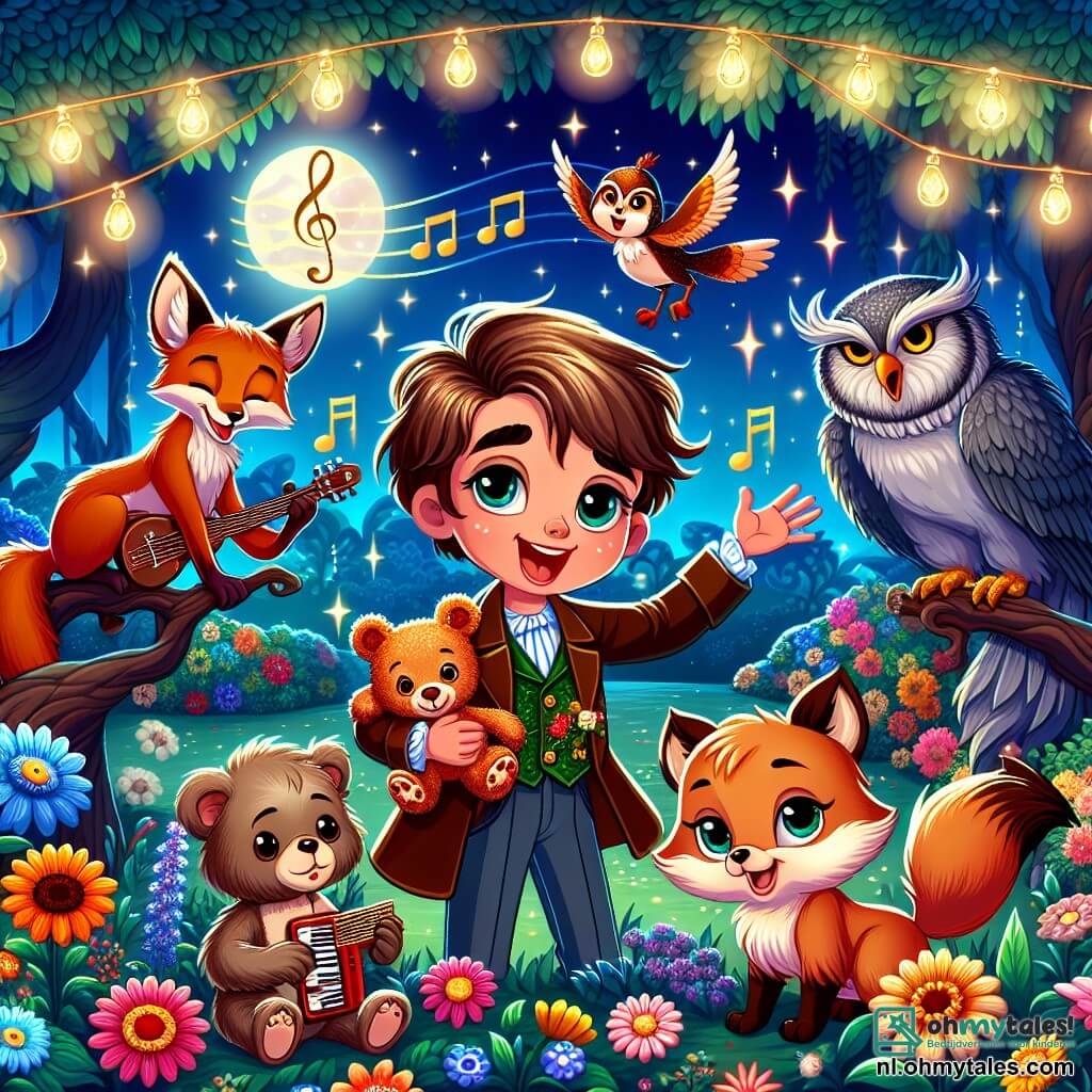 Une illustration sous forme de dessin destinée aux enfants représentant une magnifique jardin enchanté, rempli de fleurs colorées et de lumière scintillante, où un garçon de 7 ans aux cheveux châtains et aux yeux pétillants, tenant une petite teddy bear, chante joyeusement avec un groupe d'animaux, dont une renarde rusée avec un pelage flamboyant et une vieille chouette sage aux plumes grises, tous unis pour créer une mélodie magique afin de récupérer la musique volée par un méchant sorcier.