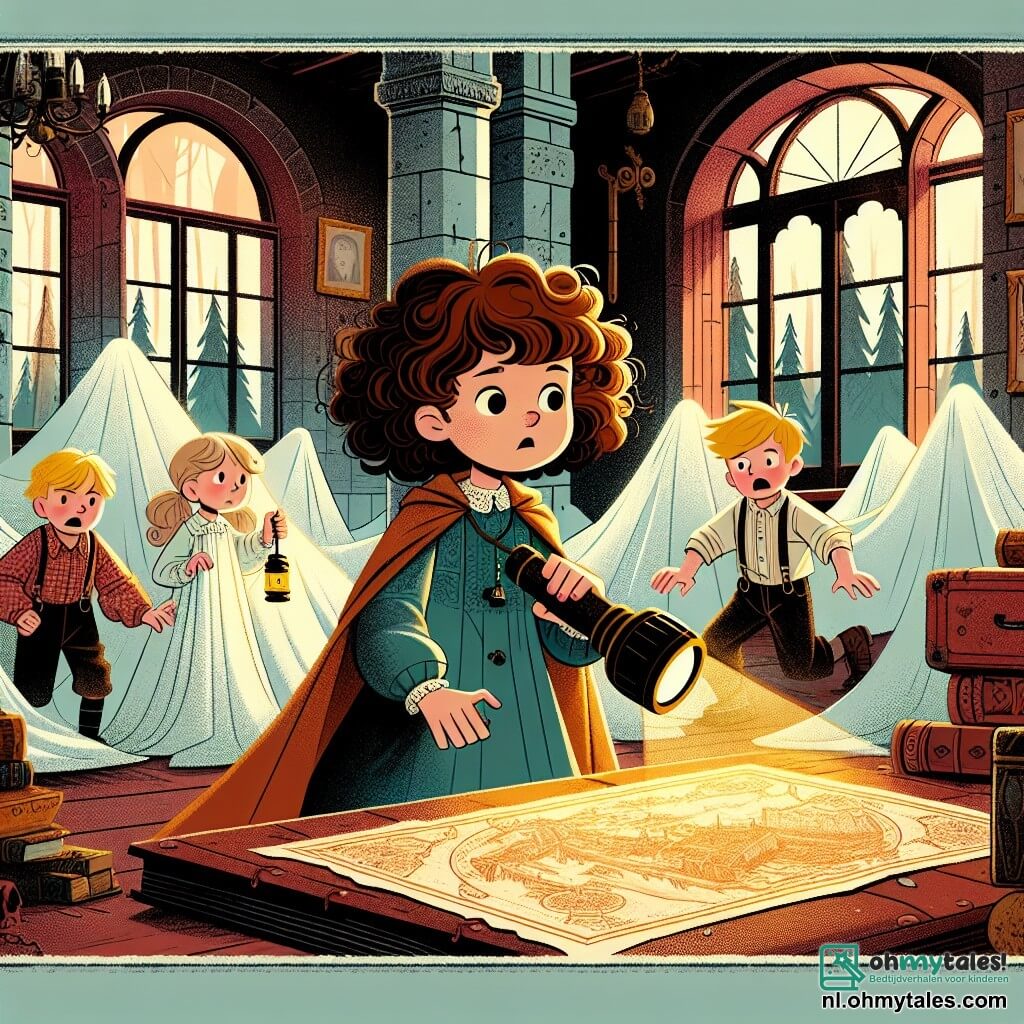 Une illustration sous forme de dessin destinée aux enfants représentant un vieux et mystérieux manoir à la lisière d'une forêt, avec une fille de 9 ans aux cheveux bruns et bouclés, portant une lampe de poche et un sourire déterminé, explorant une pièce poussiéreuse remplie de vieux meubles recouverts de draps, tandis que deux de ses amis, un garçon aux cheveux blonds et une fille aux cheveux noirs, l'observent avec curiosité et un brin d'inquiétude, alors qu'ils découvrent une carte ancienne qui pourrait les mener à une incroyable aventure.