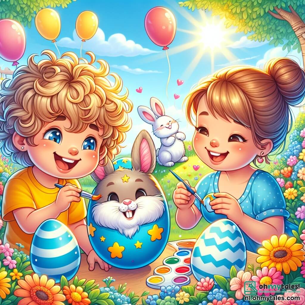 Une illustration sous forme de dessin destinée aux enfants représentant un jardin ensoleillé rempli de fleurs colorées, avec un garçon de 4 ans aux cheveux bouclés et blonds, portant un t-shirt jaune et un short bleu, en train de peindre joyeusement des œufs de Pâques avec sa maman, une femme souriante aux cheveux bruns attachés en chignon, qui crée un œuf bleu étoilé, tandis qu'un adorable paaskonijn aux grandes oreilles et au pelage doux les observe avec un sourire malicieux, le tout baignant dans une atmosphère festive et magique, pleine de ballons colorés flottant dans l'air.