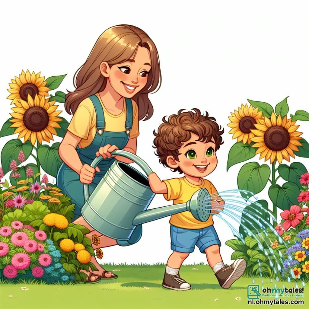 Une illustration sous forme de dessin destinée aux enfants représentant un jardin ensoleillé rempli de fleurs colorées et de légumes en pleine croissance, où un petit garçon de 3 ans aux cheveux bouclés et aux yeux pétillants, vêtu d'un t-shirt jaune et de shorts bleus, arrose joyeusement des tournesols géants avec une grande gousse, tandis que sa maman, une femme souriante aux cheveux châtains attachés, l'encourage et lui montre comment enlever les mauvaises herbes, créant une atmosphère de joie et de complicité dans cette belle journée d'été.