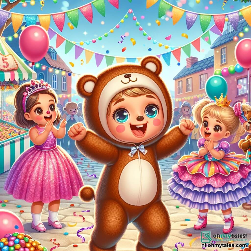 Illustratie van een kleurrijke carnavalscène in een klein dorp. Multicolore ballonnen zweven in de lucht, glinsterende slingers versieren de bomen en er zijn kraampjes met lekkernijen op de achtergrond te zien. In het midden danst een jongen van een jaar, met ronde wangen en sprankelende ogen, gekleed als een kleine beer in een bruine pluche kostuum met kleine oortjes op zijn hoofd. Hij danst vrolijk, met zijn armen in de lucht en een grote glimlach op zijn gezicht. Naast hem staat een meisje van ongeveer 5 jaar, gekleed in een roze prinsessenjurk met een glinsterende kroon, die klapt en lacht. Een jongen van ongeveer 4 jaar, verkleed als clown met een rode neus en kleurrijke haren, trekt gekke gezichten om de kleine beer aan het lachen te maken. De scène vangt de opwinding van het carnaval, met kinderen die samen plezier hebben, omringd door confetti die uit de lucht valt. Muzikanten spelen vrolijke muziek en de sfeer is gevuld met lachen en blijdschap.