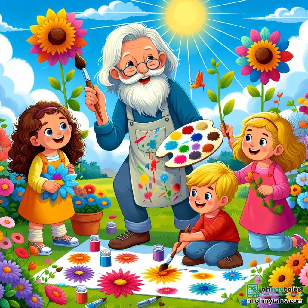 Une illustration sous forme de dessin destinée aux enfants représentant un jardin ensoleillé rempli de fleurs colorées, où un homme âgé avec une longue barbe blanche et un tablier taché de peinture, souriant et tenant un pinceau, enseigne à trois enfants : une fille aux cheveux bruns et bouclés qui peint le ciel bleu, un garçon aux cheveux blonds qui ajoute de l'herbe verte, et une autre fille aux cheveux raides qui dessine des fleurs, tous émerveillés par les couleurs vives et l'esprit créatif qui les entoure.