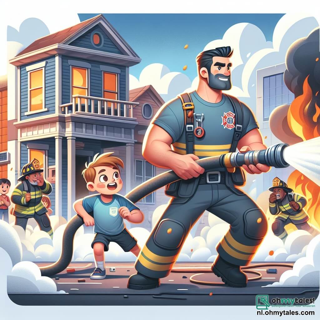 Une illustration sous forme de dessin destinée aux enfants représentant une scène dynamique dans une petite ville ensoleillée, où une courageuse femme pompier, avec des cheveux bruns attachés en chignon et portant une combinaison rouge brillante, s'apprête à sauver un petit garçon aux cheveux blonds, vêtu d'un t-shirt bleu, qui se cache dans un coin d'un bâtiment en feu, tandis qu'un autre pompier, un homme musclé avec une barbe, utilise une grande lance à incendie pour éteindre les flammes, le tout entouré de nuages de fumée et de spectateurs admiratifs regardant la bravoure des héros.