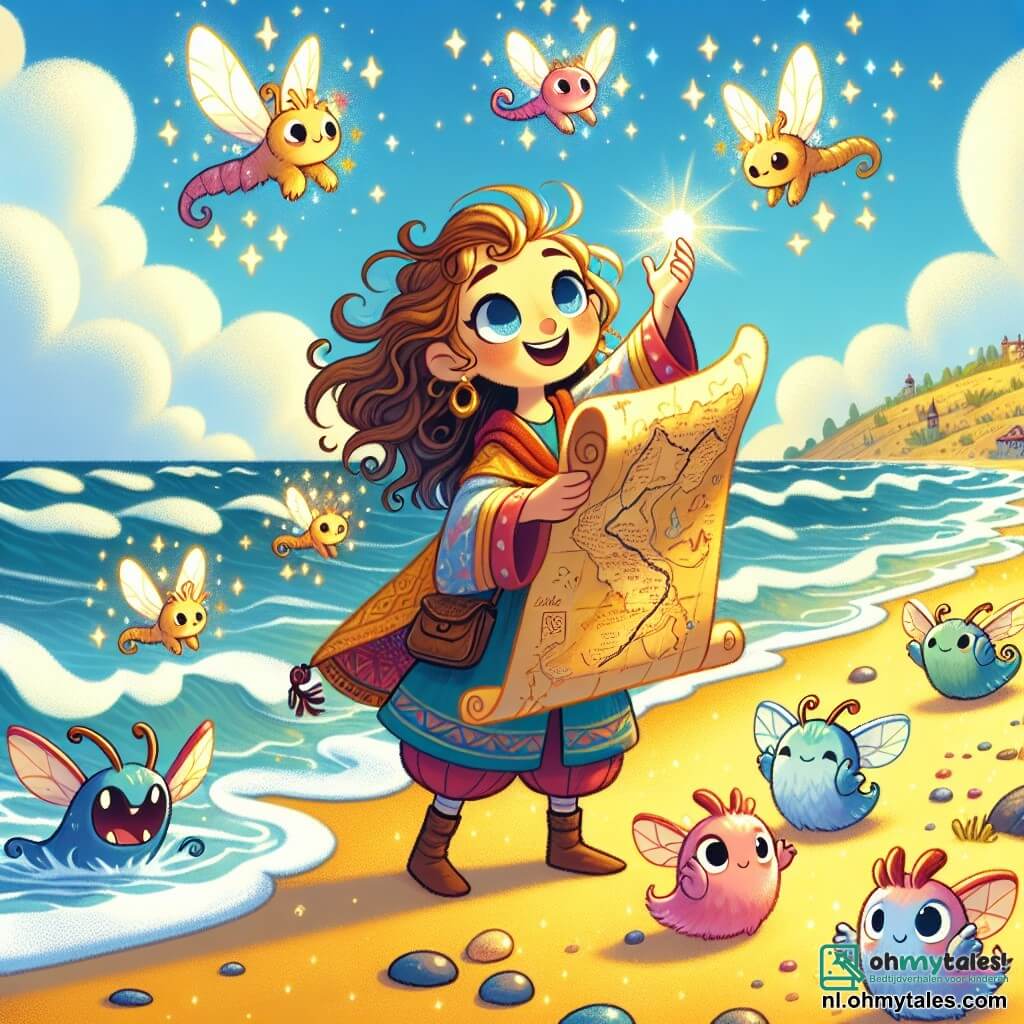 Une illustration sous forme de dessin destinée aux enfants représentant une scène magique sur une plage dorée, où une fille de 11 ans aux cheveux ondulés et aux yeux pétillants, vêtue d'une tunique colorée, tient une carte ancienne dans ses mains, tandis qu'autour d'elle, des petites créatures scintillantes aux ailes de libellule dansent joyeusement dans l'air, alors qu'elles l'encouragent à partir à l'aventure pour retrouver une précieuse perle magique volée par un monstre des ombres, avec des vagues douces et un ciel bleu parsemé de nuages moelleux en arrière-plan.