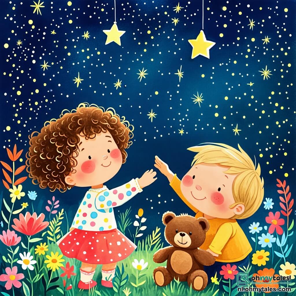 Une illustration sous forme de dessin destinée aux enfants représentant un ciel étoilé scintillant au-dessus d'un jardin verdoyant, où une petite fille de 2 ans aux cheveux bouclés et aux yeux pétillants sourit joyeusement en tendant sa main vers une étoile brillante, tandis qu'à ses côtés, un petit garçon aux cheveux blonds et aux joues roses joue avec un teddy bear, tous deux entourés de fleurs colorées qui semblent danser sous la lumière des étoiles, illustrant le moment magique où l'amitié et la gentillesse illuminent la nuit.