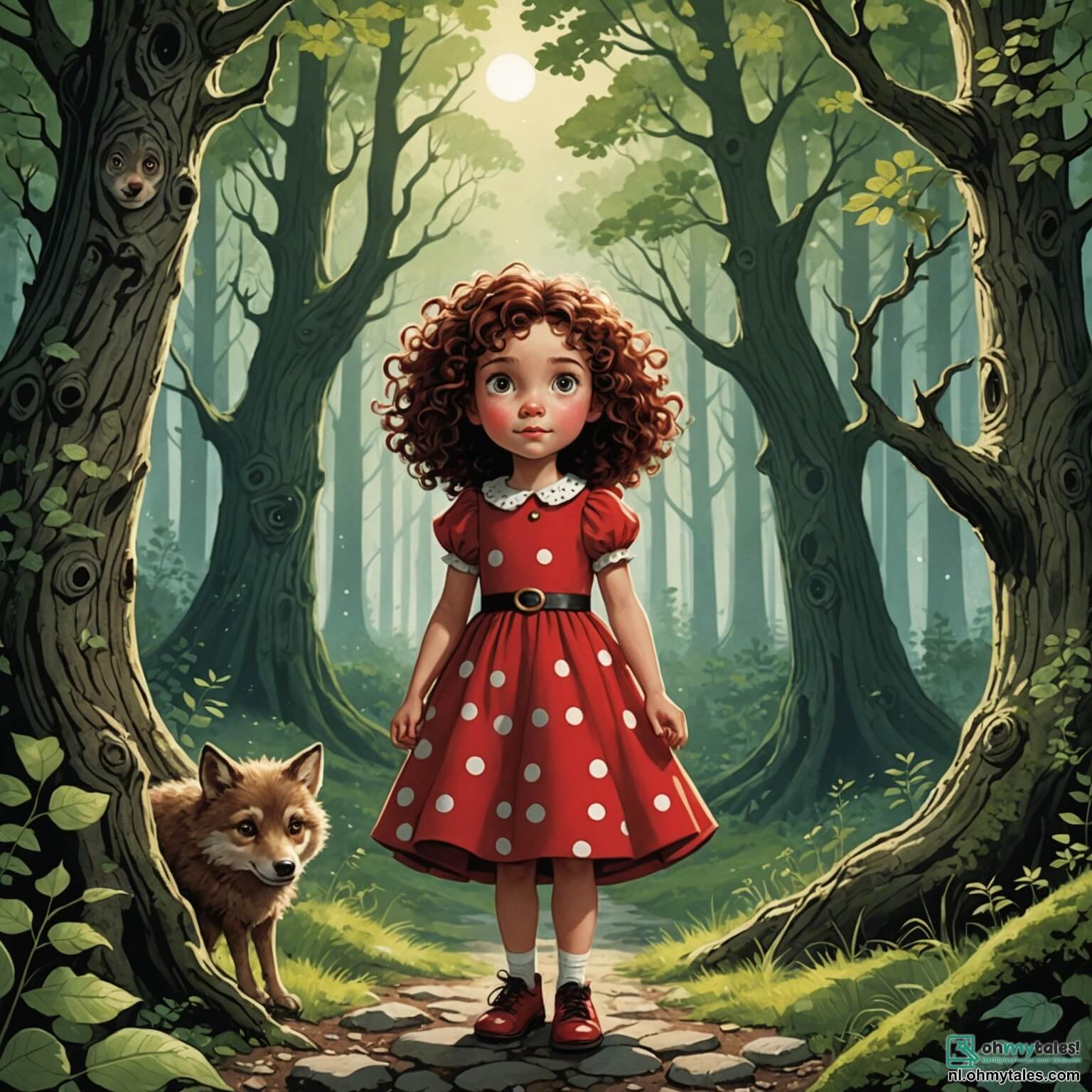 Une illustration destinée aux enfants représentant une petite fille aux cheveux bouclés et aux yeux pétillants, vêtue d'une robe rouge à pois blancs, se tenant courageusement au milieu d'une forêt enchantée, où les arbres majestueux aux troncs noueux s'élèvent vers le ciel, leurs feuilles vertes dansant doucement au gré du vent, tandis qu'un grand méchant loup, avec sa fourrure sombre et ses yeux perçants, se cache derrière un buisson, prêt à semer la peur, mais la fillette, entourée de fleurs colorées et de rayons de soleil filtrant à travers les branches, se tient ferme, déterminée à protéger sa douce grand-mère, une femme âgée au visage ridé et au sourire chaleureux, qui l'attend dans une petite maison en bois au toit de chaume, nichée au cœur de ce paysage féérique.