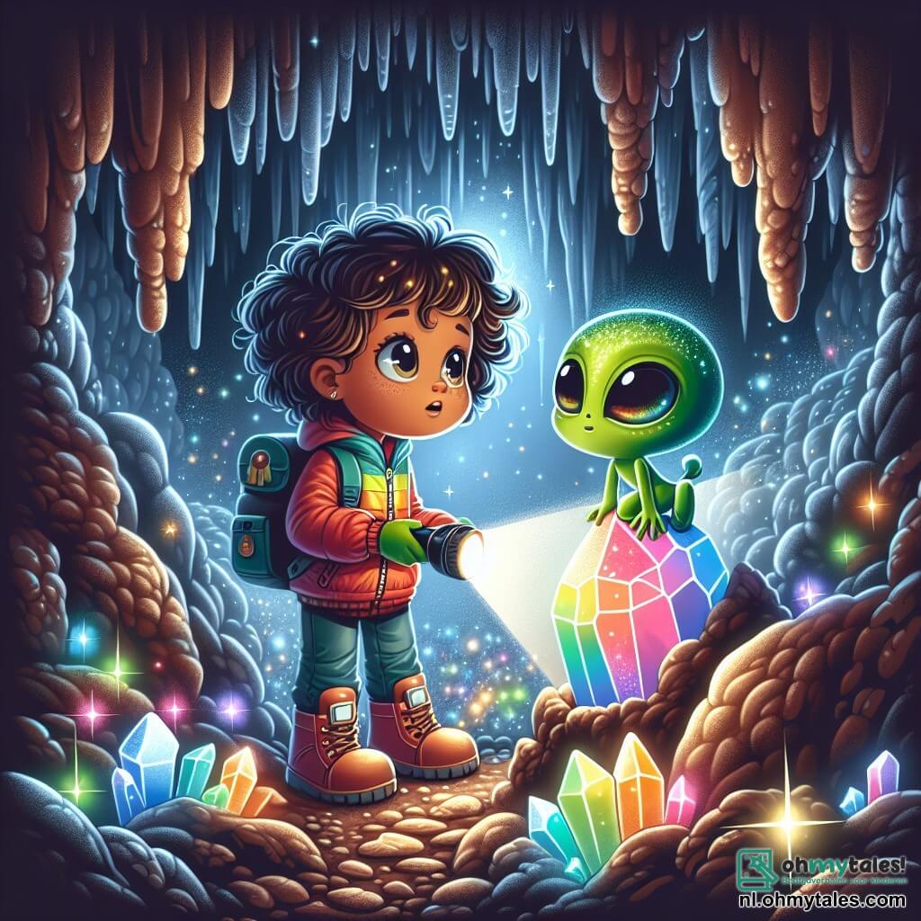 Une illustration sous forme de dessin destinée aux enfants représentant une scène magique dans une grotte scintillante, où une fille de 11 ans aux cheveux bouclés et aux yeux pétillants, vêtue d'une veste colorée, tient une lampe de poche et regarde avec émerveillement un petit extraterrestre vert aux grands yeux ronds et à la peau brillante, qui s'illumine d'excitation alors qu'ils découvrent ensemble un magnifique cristal coloré, tandis que des stalactites étincelantes et des ombres mystérieuses dansent autour d'eux, créant une atmosphère d'aventure et de camaraderie.