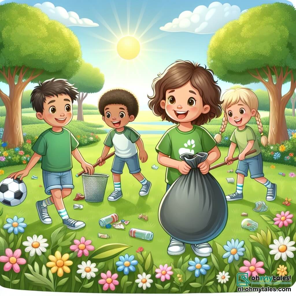 Une illustration sous forme de dessin destinée aux enfants représentant un champ verdoyant et ensoleillé, où une fille de 11 ans aux cheveux bruns bouclés, portant un t-shirt vert et un short en denim, sourit en ramassant des déchets avec des enfants de son âge, dont un garçon aux cheveux blonds courts tenant une vieille balle de football et une fille aux longues tresses, tous deux engagés dans une activité de nettoyage pour protéger la nature, entourés de fleurs colorées et d'arbres majestueux, symbolisant l'importance de l'écologie et de la collaboration.