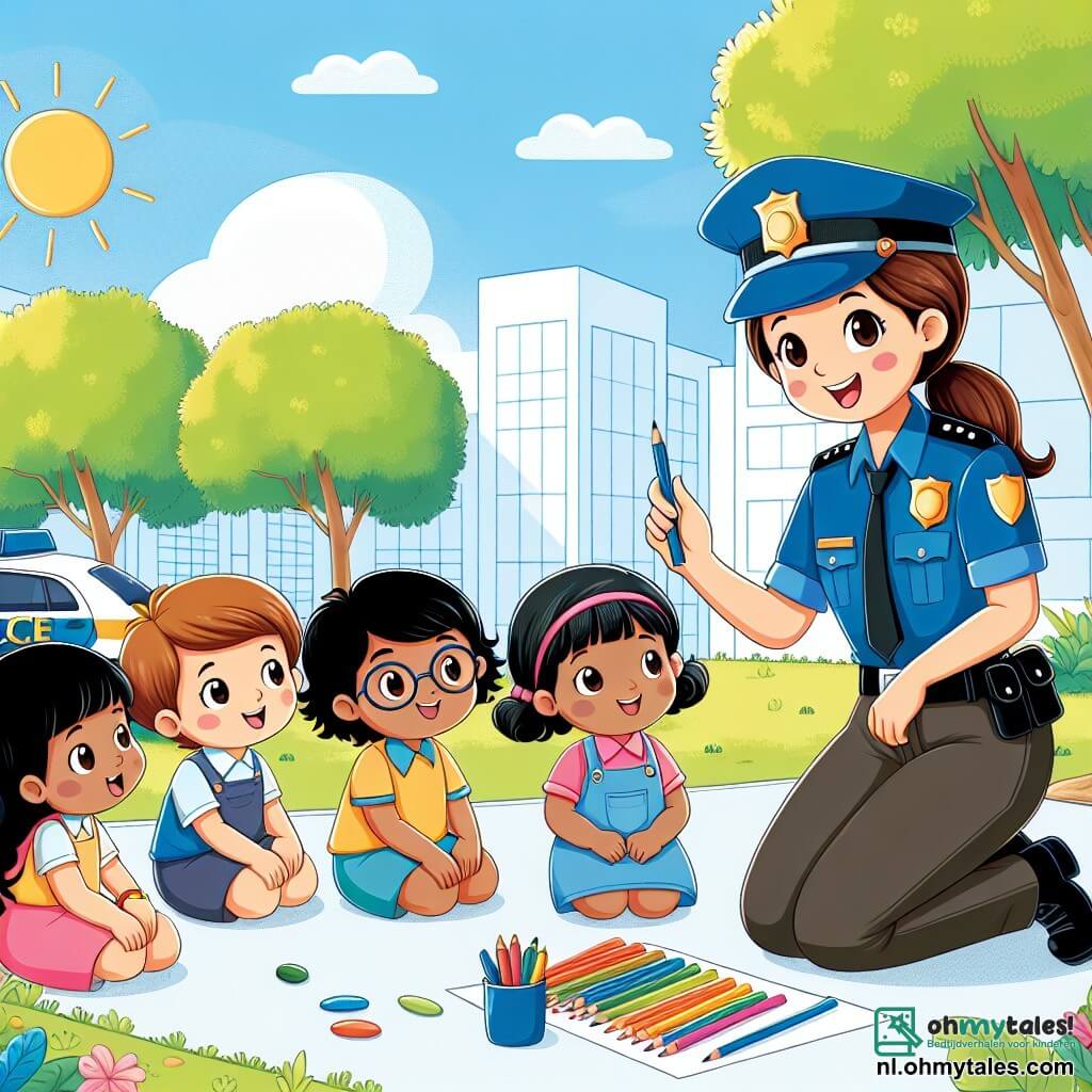 Une illustration sous forme de dessin destinée aux enfants représentant une cour d'école ensoleillée, avec une femme policière souriante portant un uniforme bleu, agenouillée et expliquant son métier à un groupe de quatre enfants : une fille aux cheveux bruns et bouclés, tenant des crayons de couleur, un garçon aux lunettes et aux cheveux blonds, écoutant attentivement, une autre fille avec une tresse qui lève la main pour poser une question, et un garçon aux cheveux noirs qui regarde avec admiration, tandis qu'autour d'eux, des dessins de voitures de police colorées et des arbres verts ajoutent une ambiance joyeuse et amicale à la scène.