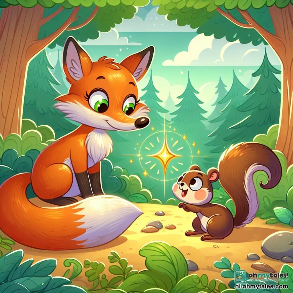 Une illustration sous forme de dessin destinée aux enfants représentant une clairière enchantée dans une forêt verdoyante, où un renard à la fourrure orange éclatante et aux yeux malicieux se tient debout, regardant avec curiosité un petit écureuil aux poils bruns et à la queue touffue qui saute joyeusement autour de lui, alors qu'ils découvrent ensemble une étoile dorée scintillante posée sur une nuage, symbolisant leur quête magique pour apporter bonheur et amitié à tous les animaux du bois.
