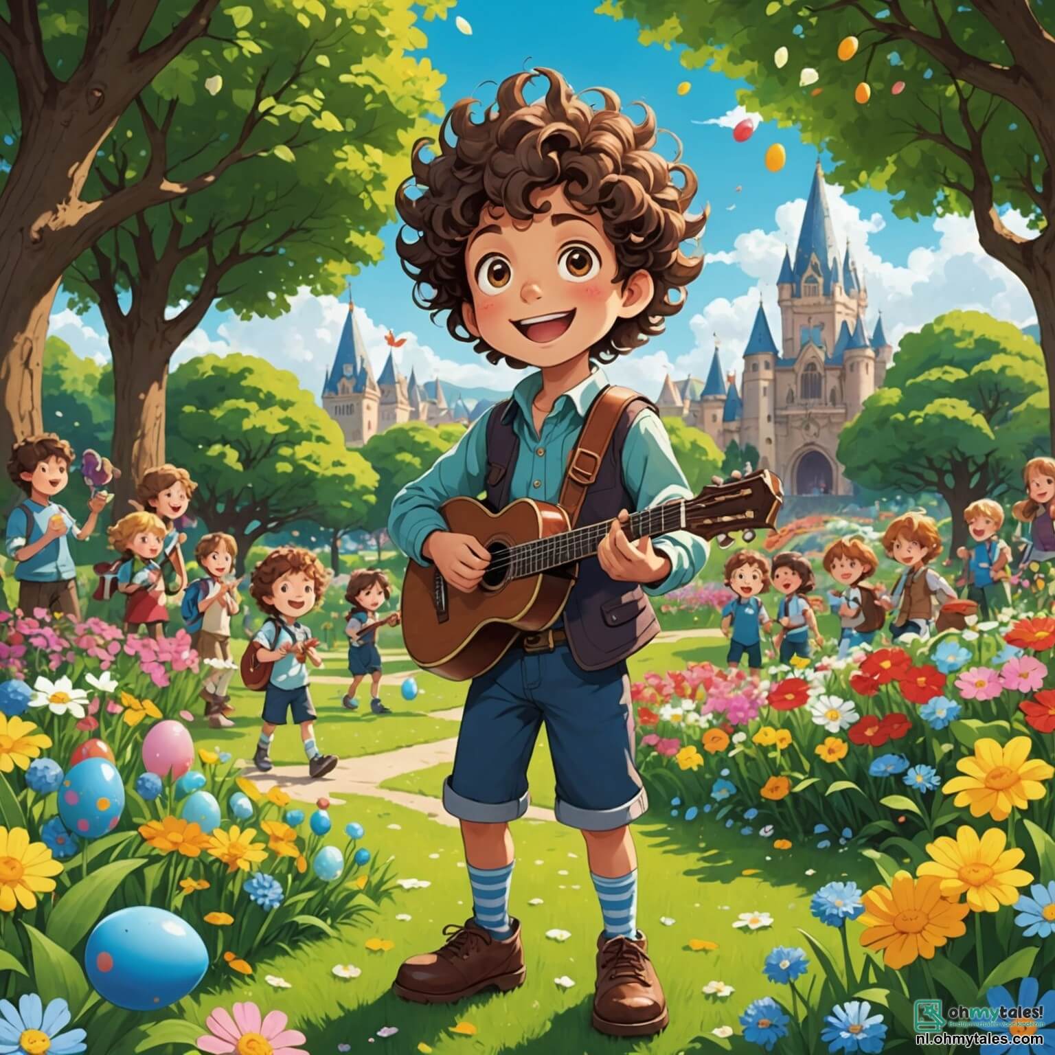 Une illustration destinée aux enfants représentant un garçon aux cheveux bouclés et aux yeux pétillants, débordant d'excitation alors qu'il se tient dans un parc verdoyant parsemé de fleurs colorées, entouré de rires d'autres enfants, tous en quête d'œufs en chocolat cachés par un adorable et malicieux personnage à grandes oreilles, la célèbre paashaas, qui, avec sa grande mandoline remplie d'œufs aux teintes éclatantes, s'affaire à rendre cette journée de Pâques inoubliable, tandis que le soleil brille dans un ciel azur, illuminant les visages joyeux et les éclats de rire qui résonnent dans l'air printanier.