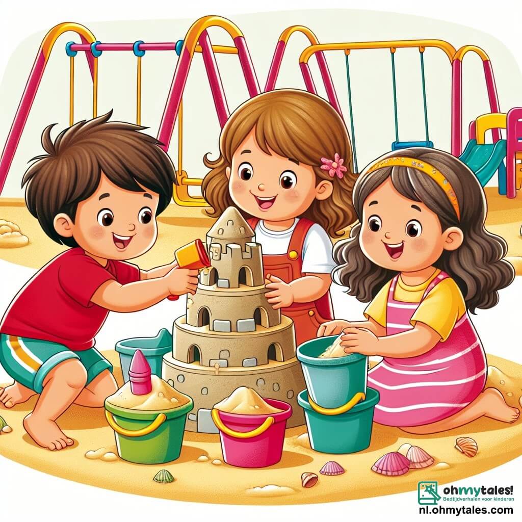 Une illustration sous forme de dessin destinée aux enfants représentant une joyeuse scène dans une grande aire de jeux colorée, avec des balançoires et des toboggans, où un garçon de 3 ans aux cheveux bruns et bouclés, souriant et vêtu d'un t-shirt rouge, construit un château de sable avec ses deux amies : une fille aux cheveux blonds et tressés portant une robe rose, qui l'aide à empiler les seaux de sable, et une autre fille aux cheveux châtains et bouclés, vêtue d'un t-shirt bleu, qui rit en ajoutant des coquillages au château, illustrant ainsi l'importance de l'amitié et de l'égalité entre les genres dans le jeu.