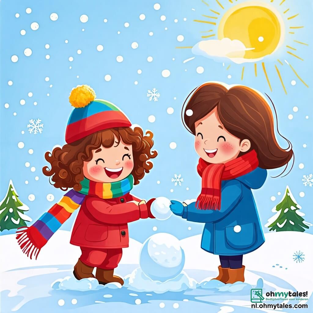 Une illustration sous forme de dessin destinée aux enfants représentant un paysage hivernal féérique, avec un sol recouvert de neige scintillante, où une petite fille de 2 ans aux cheveux bouclés et aux joues roses, vêtue d'une jolie combinaison rouge et d'une écharpe colorée, s'amuse à façonner une boule de neige, tandis qu'une maman souriante, aux cheveux châtains et portant un manteau bleu, l'observe avec bienveillance, le soleil brillant dans un ciel bleu clair, créant une atmosphère joyeuse et chaleureuse.