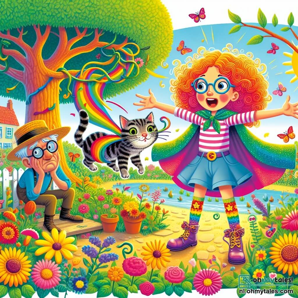 Illustratie van een zonnige scène in een kleurrijke tuin, vol met schitterende bloemen en een grote boom met groen loof. Op de voorgrond staat een vrouw met krullend en gekleurd haar, gekleed in een glanzende cape en sokken met levendige patronen, met een vastberaden glimlach en open armen, klaar om een kat te redden. Naast haar kijkt een middelbare man met ronde bril en een strohoed bezorgd naar de boom, waar een getijgerde kat met wijde ogen op een tak zit te miauwen van angst. De vrouw gebruikt haar komische krachten om de kat te lokken met kleurrijke lianen gevormd door haar sokken, terwijl de tuin gevuld is met felle kleuren en vrolijke details, zoals fladderende vlinders en zingende vogels, wat een speelse en leuke sfeer creëert.