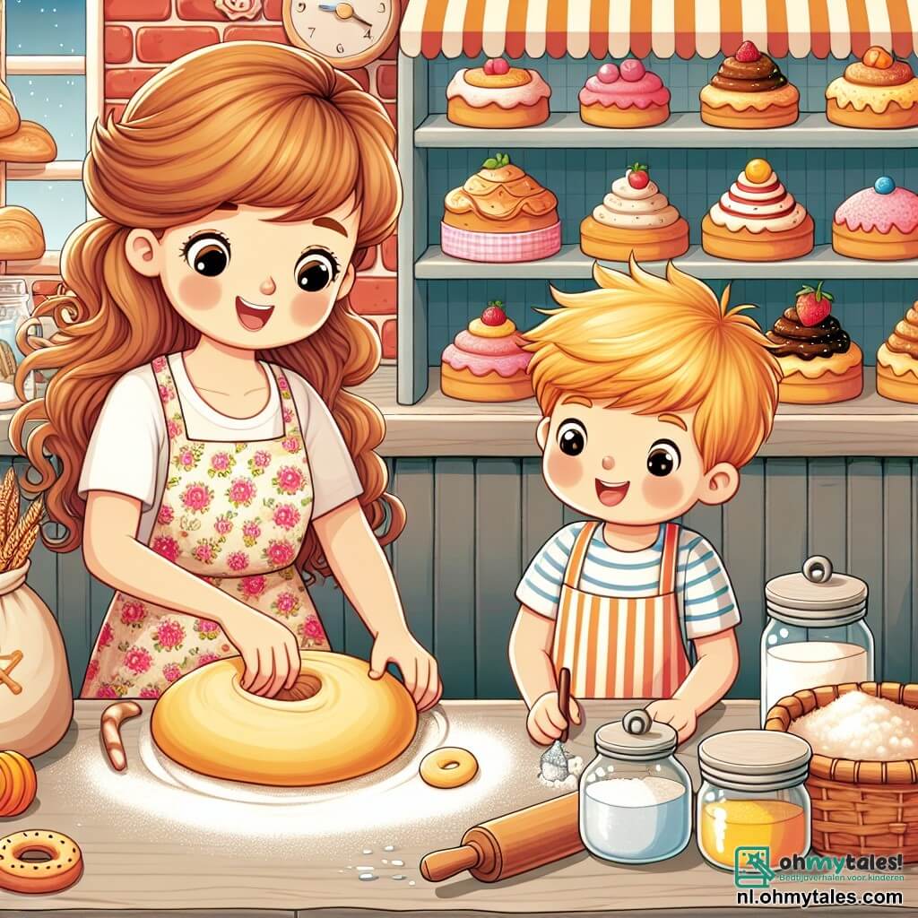 Une illustration sous forme de dessin destinée aux enfants représentant une charmante boulangerie ensoleillée avec des murs en briques rouges et une vitrine remplie de délicieuses pâtisseries, où une femme souriante aux cheveux châtains et aux yeux pétillants, portant un schort fleuri, pétrit de la pâte sur une grande table en bois, tandis qu'un garçon curieux aux cheveux blonds et aux yeux brillants observe avec émerveillement, entourés de sacs de farine et de pots d'ingrédients colorés, illustrant un moment joyeux de partage et d'apprentissage dans l'art de la boulangerie.
