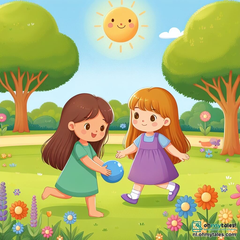 Une illustration sous forme de dessin destinée aux enfants représentant un parc ensoleillé avec des arbres verdoyants et des fleurs colorées, où une petite fille de 3 ans aux cheveux longs et châtains, souriante et joyeuse, joue avec une balle bleue, tandis qu'une autre petite fille de 3 ans, portant une robe violette et ayant la peau claire, l'observe avec un sourire timide, illustrant le moment où elles commencent à jouer ensemble, symbolisant l'amitié et la tolérance entre les enfants, peu importe leurs différences.