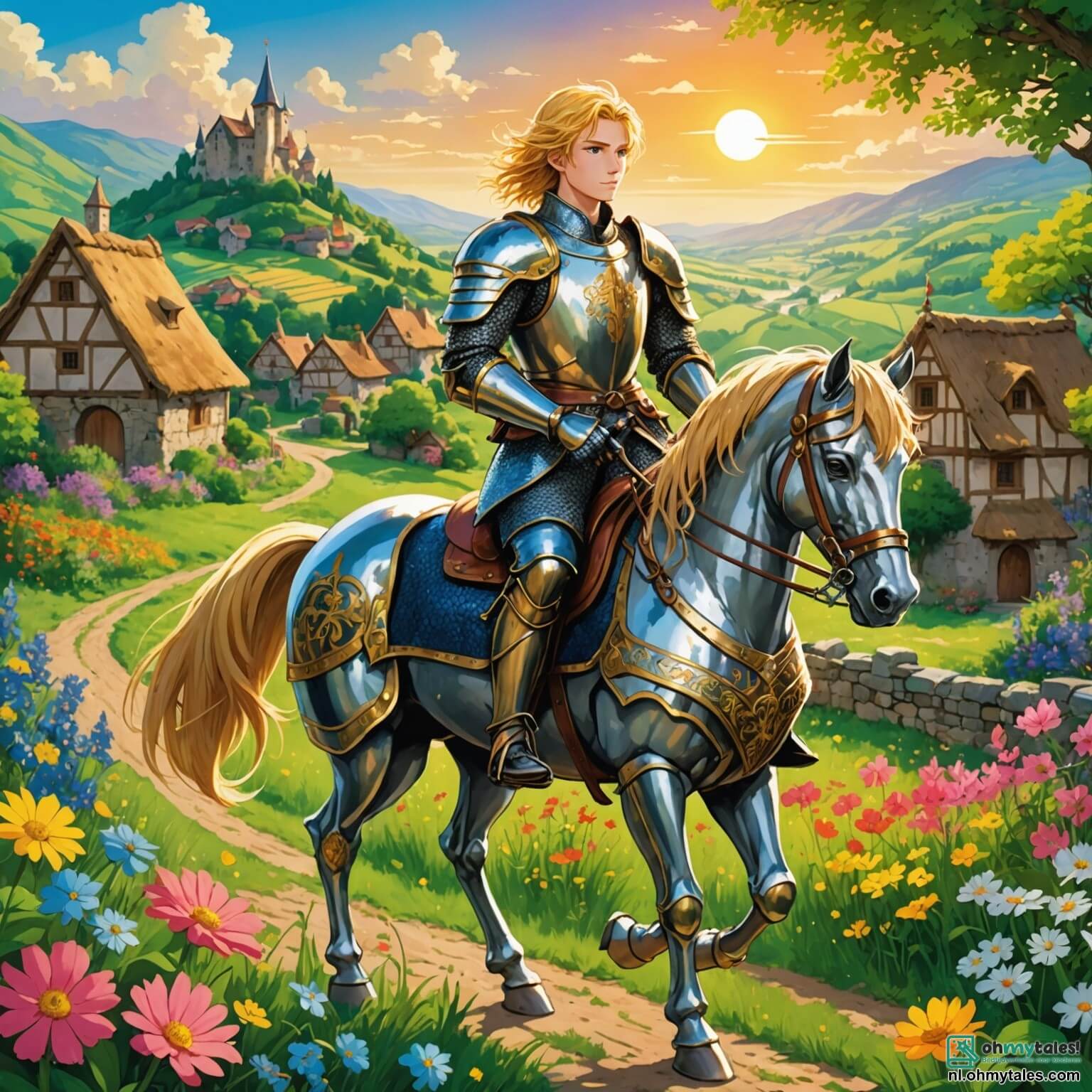 Une illustration destinée aux enfants représentant un chevalier intrépide, un jeune homme à la chevelure dorée scintillant sous le soleil, vêtu d'une armure étincelante qui reflète les couleurs vives des fleurs des champs environnants, se tenant fermement sur son fidèle destrier au galop, prêt à défendre un paisible village niché au creux d'une vallée verdoyante, où les maisons en pierre aux toits de chaume sont entourées de jardins fleuris, tandis qu'une dragonne majestueuse, avec des écailles brillantes comme des émeraudes, surplombe la scène, prête à semer la terreur, et où une courageuse jeune femme, la guérisseuse du village, aux yeux pétillants de détermination, se tient à ses côtés, prête à apporter son aide et à encourager le chevalier dans sa quête héroïque.