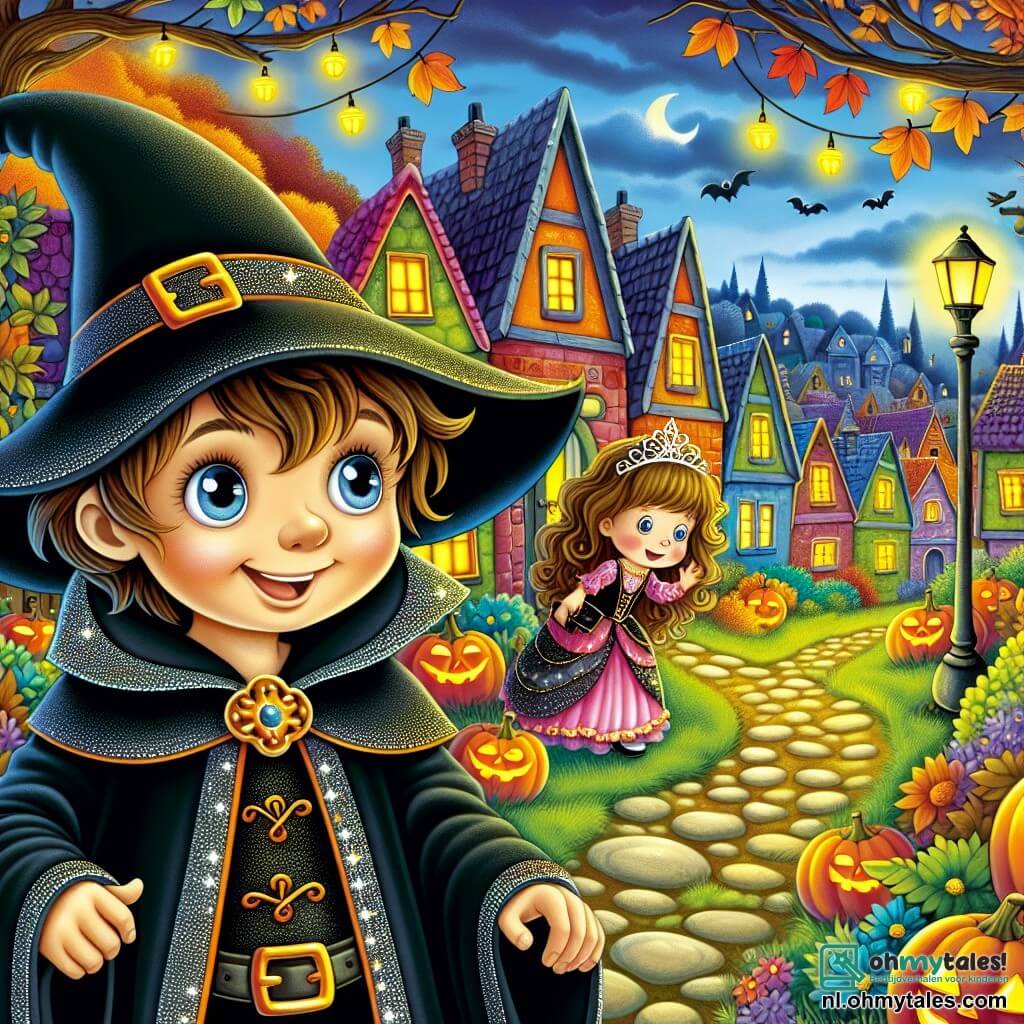Une illustration destinée aux enfants représentant un garçon intrépide aux yeux pétillants d'excitation, vêtu d'un costume de sorcier noir scintillant, se tenant au milieu d'un village pittoresque aux maisons colorées aux toits en pente, où les citrouilles souriantes ornent les jardins et les feuilles d'automne dansent au gré du vent, tandis qu'il se prépare à vivre une aventure magique en aidant une petite fille aux cheveux bouclés et à la robe de princesse perdue dans l'obscurité mystérieuse d'un parc illuminé par des lanternes vacillantes, où les ombres des arbres semblent chuchoter des secrets d'Halloween.
