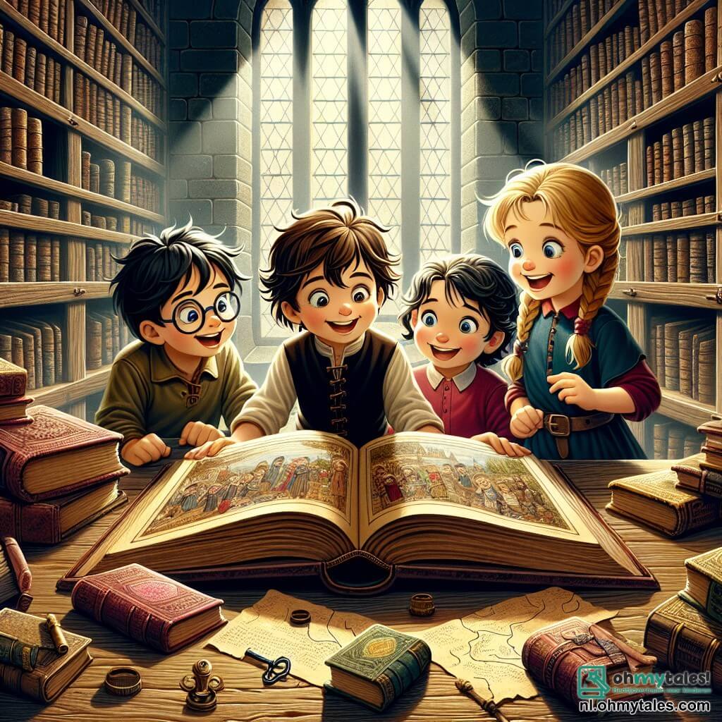 Illustratie van een scène in een oude stoffige bibliotheek, met donkere houten planken vol oude boeken. Licht valt door een groot raam en creëert zachte schaduwen op de houten vloer. In het midden ligt een groot open boek op een houten tafel, met vergeelde pagina's versierd met prachtige illustraties. Er zijn vier kinderen: een jongen van ongeveer 10 jaar met rommelig bruin haar en een stralende glimlach, die enthousiast het open boek vasthoudt. Naast hem een meisje van 9 jaar met gevlochten blond haar, dat het boek met grote ogen vol nieuwsgierigheid bekijkt. Een andere jongen van ongeveer 11 jaar met een bril en zwart haar bestudeert aandachtig een handgetekende kaart. Tot slot een 10-jarige jongen in een rolstoel, die vrolijk glimlacht en een glanzende sleutel in zijn hand houdt. De hoofdscène toont de kinderen die een oud boek vol mysteries en geheimen ontdekken, klaar om op avontuur te gaan om een kaart te ontcijferen die hen naar een verborgen schat kan leiden. Op de achtergrond voegen spinnenwebben en oude voorwerpen een mysterieuze sfeer toe, terwijl een gouden licht de scène verlicht, wat een gevoel van verkenning en vriendschap oproept.