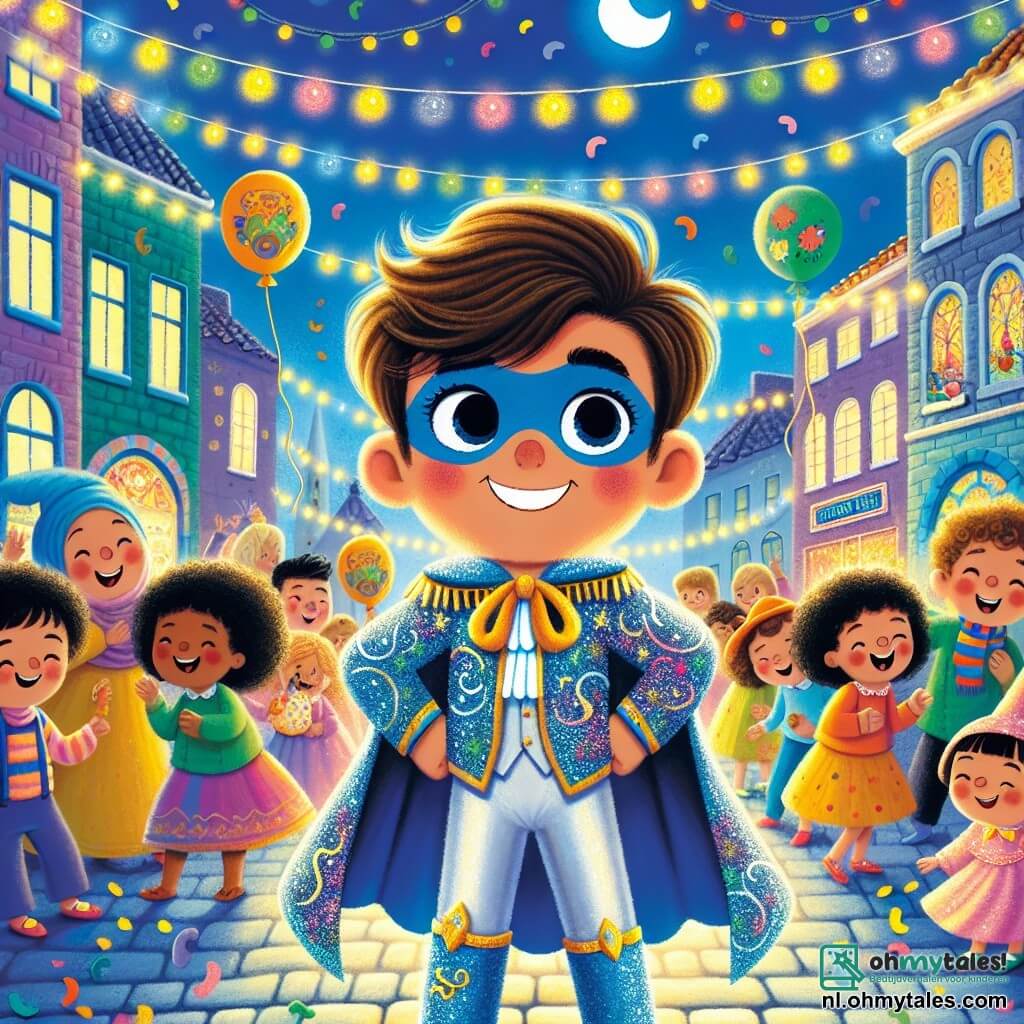 Une illustration destinée aux enfants représentant un garçon aux yeux pétillants et au sourire éclatant, vêtu d'un costume de super-héros bleu scintillant avec une cape flottante, se tenant au milieu d'un village vibrant de couleurs pendant le carnaval, où des enfants de tous âges, y compris une fille aux cheveux bouclés et un garçon aux lunettes rondes, dansent et rient sous des guirlandes de lumières multicolores, tandis que des ballons en forme d'animaux flottent dans l'air et que l'odeur sucrée des poffertjes embaume les rues pavées, créant une atmosphère festive et magique où la quête d'une mystérieuse trésor devient le cœur de l'aventure.